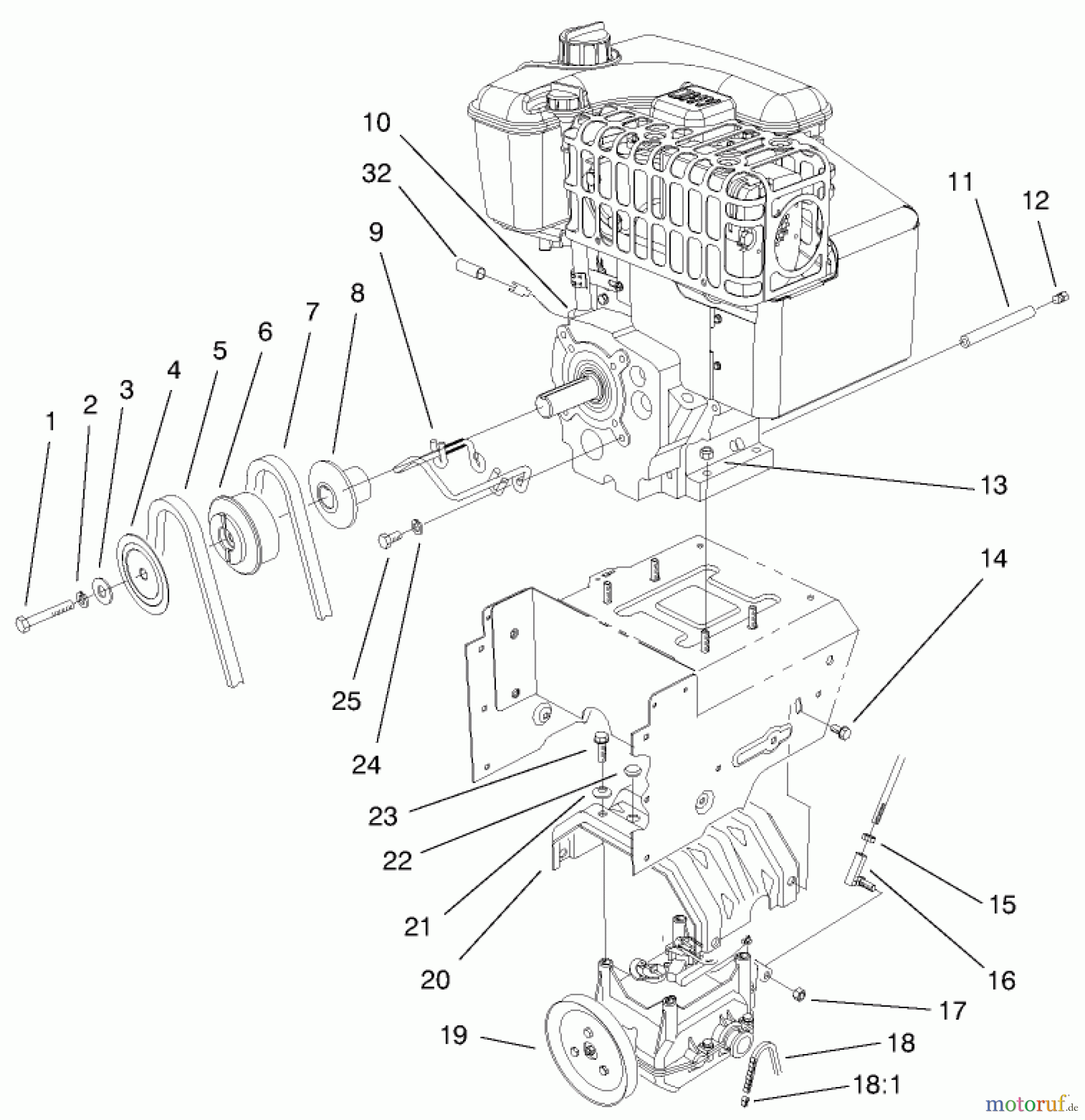  Toro Neu Snow Blowers/Snow Throwers Seite 1 38559 (1028) - Toro 1028 Power Shift Snowthrower, 2000 (200000001-200999999) ENGINE AND TRANSMISSION ASSEMBLY
