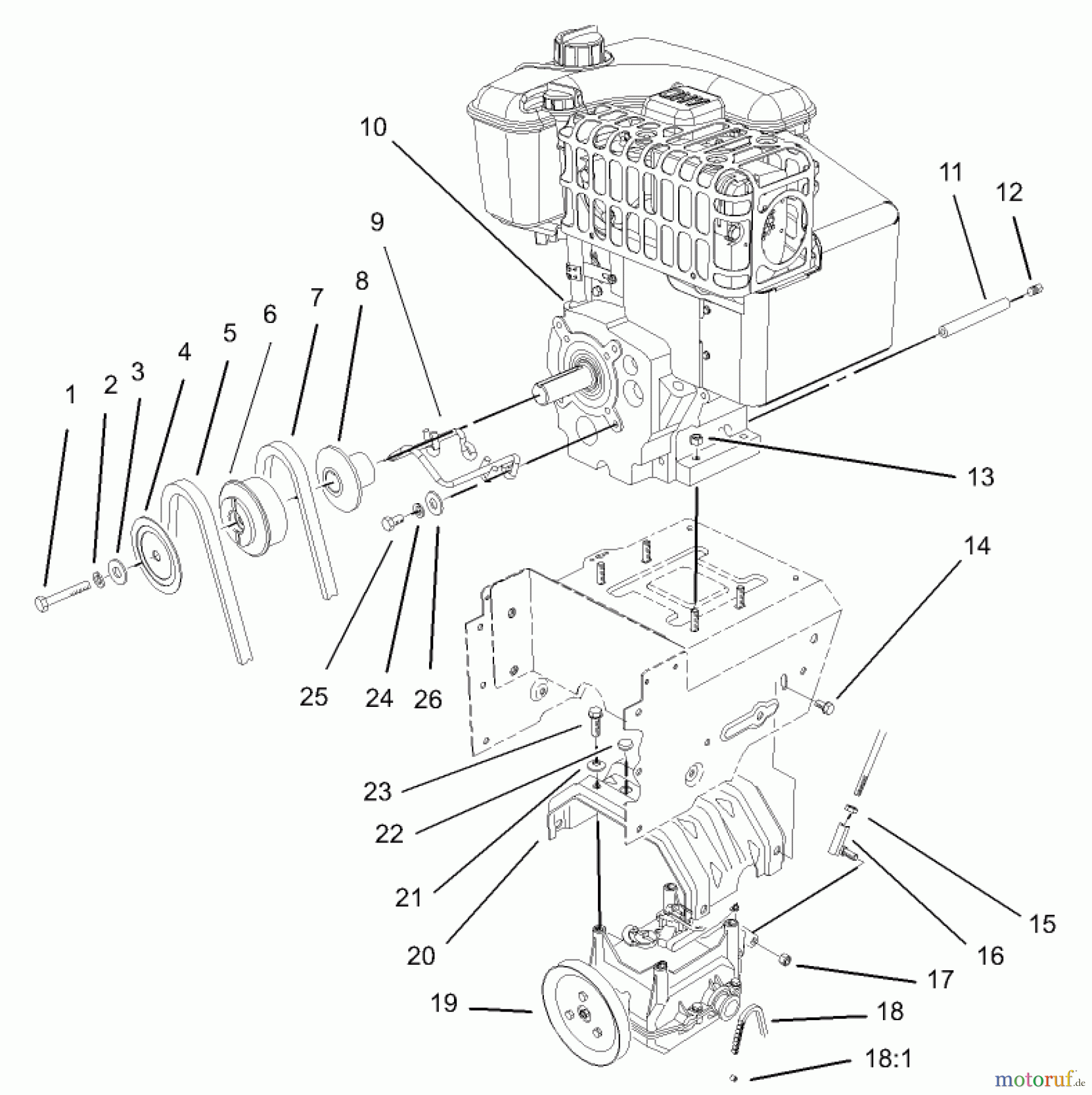  Toro Neu Snow Blowers/Snow Throwers Seite 1 38559 (1028) - Toro 1028 Power Shift Snowthrower, 2004 (240000001-240999999) ENGINE AND TRANSMISSION ASSEMBLY