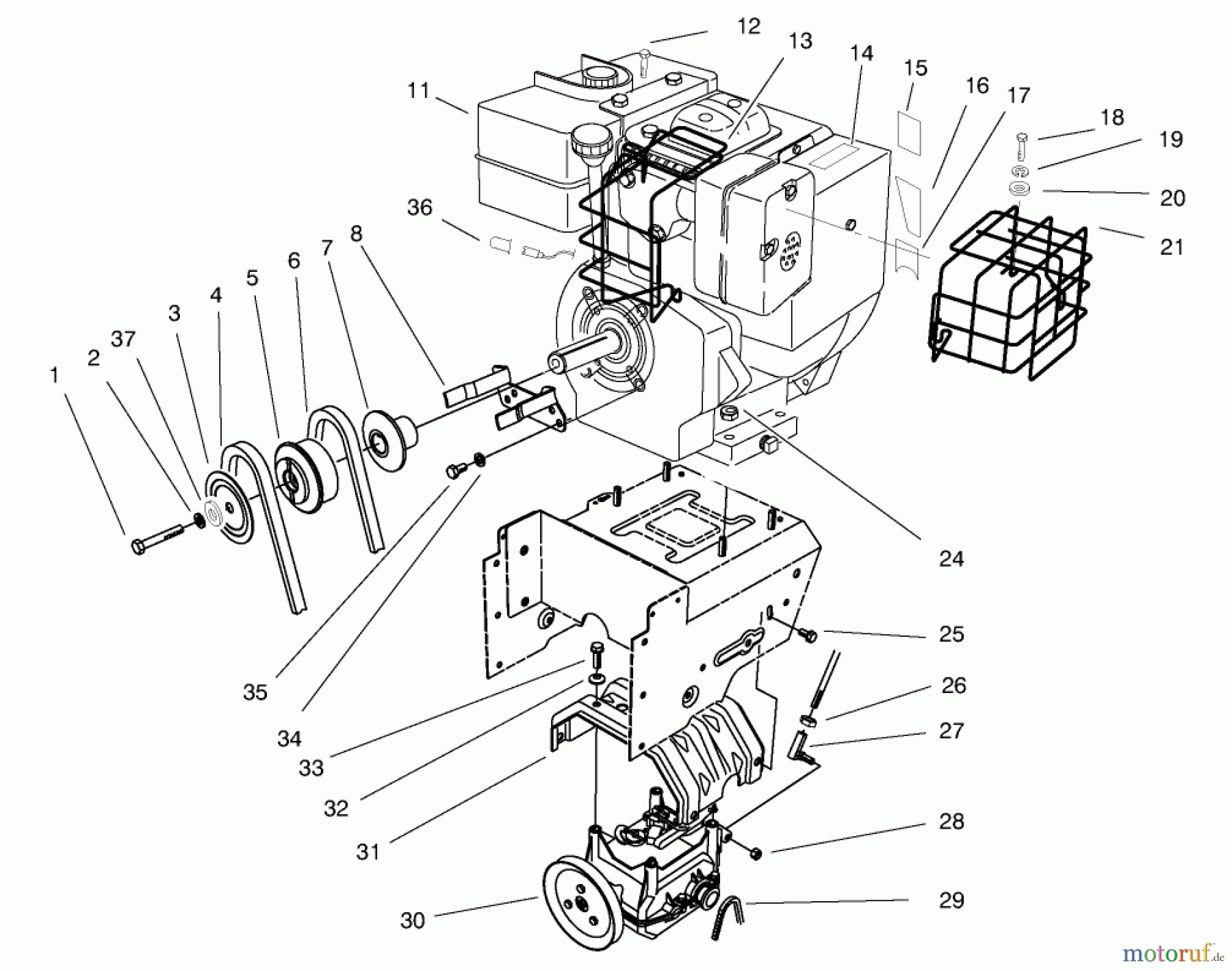  Toro Neu Snow Blowers/Snow Throwers Seite 1 38591 (1232) - Toro 1232 Power Shift Snowthrower, 1997 (7900001-7999999) ENGINE, TRANSMISSION DRIVE ASSEMBLY