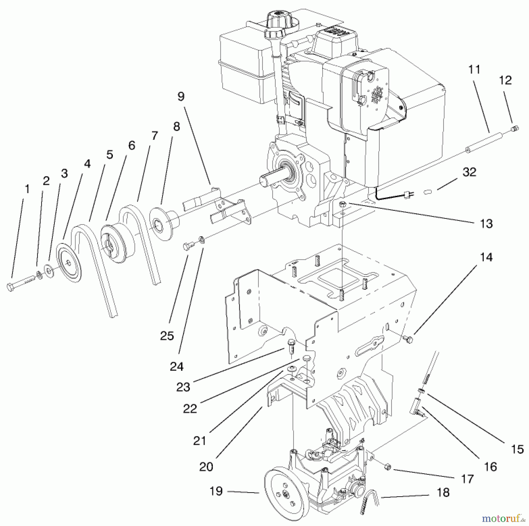  Toro Neu Snow Blowers/Snow Throwers Seite 1 38591 (1232) - Toro 1232 Power Shift Snowthrower, 1999 (9900001-9999999) ENGINE & TRANSMISSION DRIVE ASSEMBLY