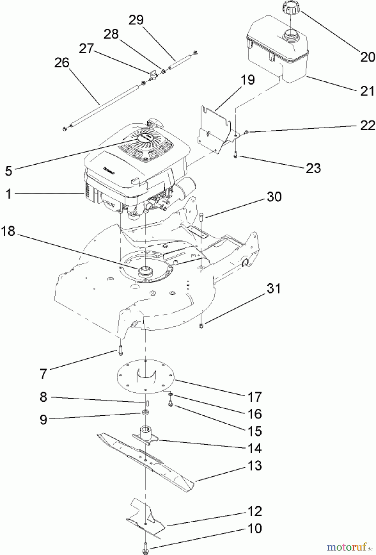  Rasenmäher 22176TE - Toro 53cm Heavy-Duty Recycler Mower (SN: 310000001 - 310999999) (2010) ENGINE, FUEL TANK AND BLADE ASSEMBLY