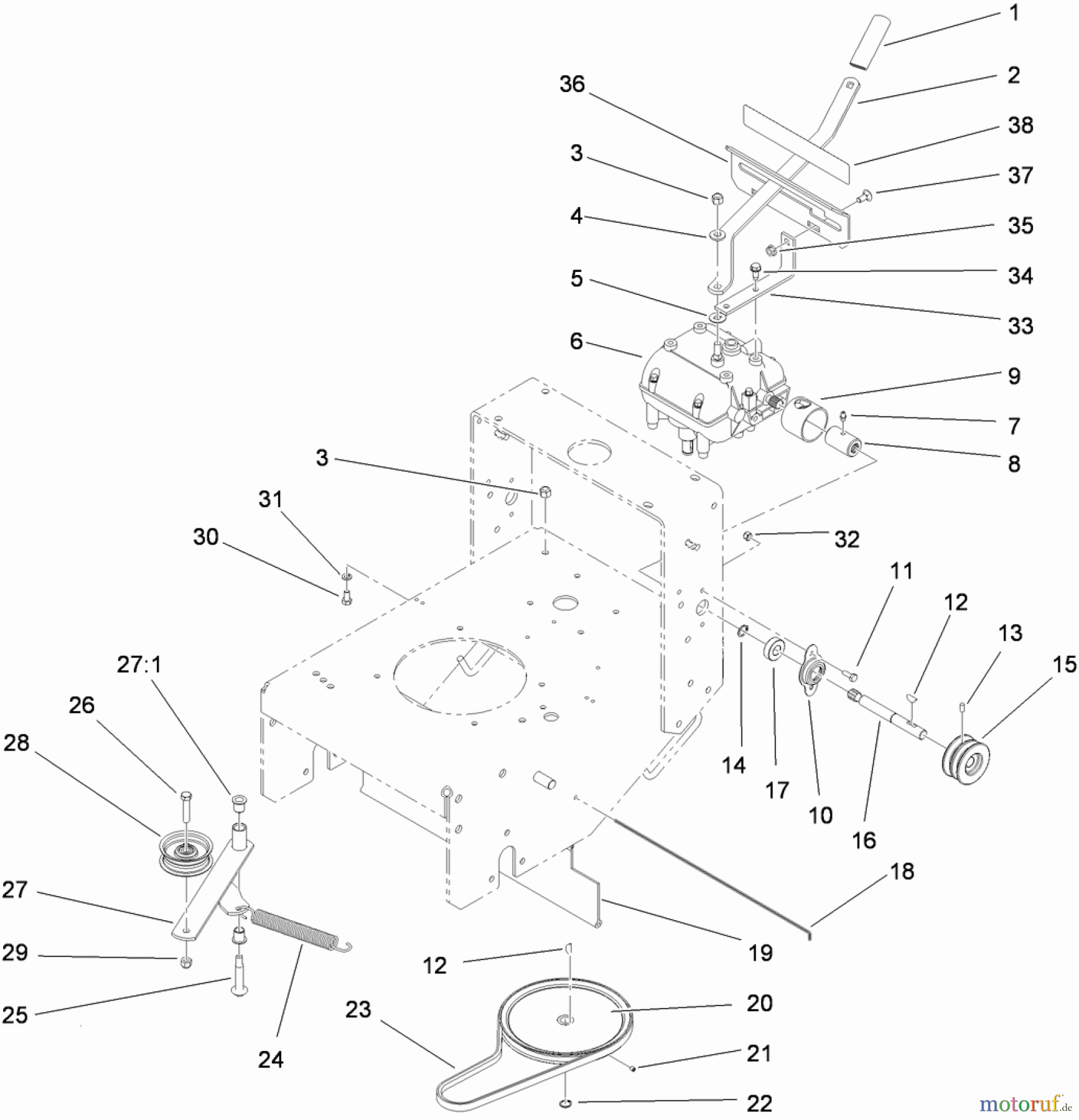  Rasenmäher für Großflächen 30070 - Toro Commercial 91cm Walk-Behind Mower, 16HP, T-Bar, Gear Drive, TURBO FORCE Cutting Unit (SN: 312000001 - 312999999) (2012) TRANSMISSION DRIVE ASSEMBLY