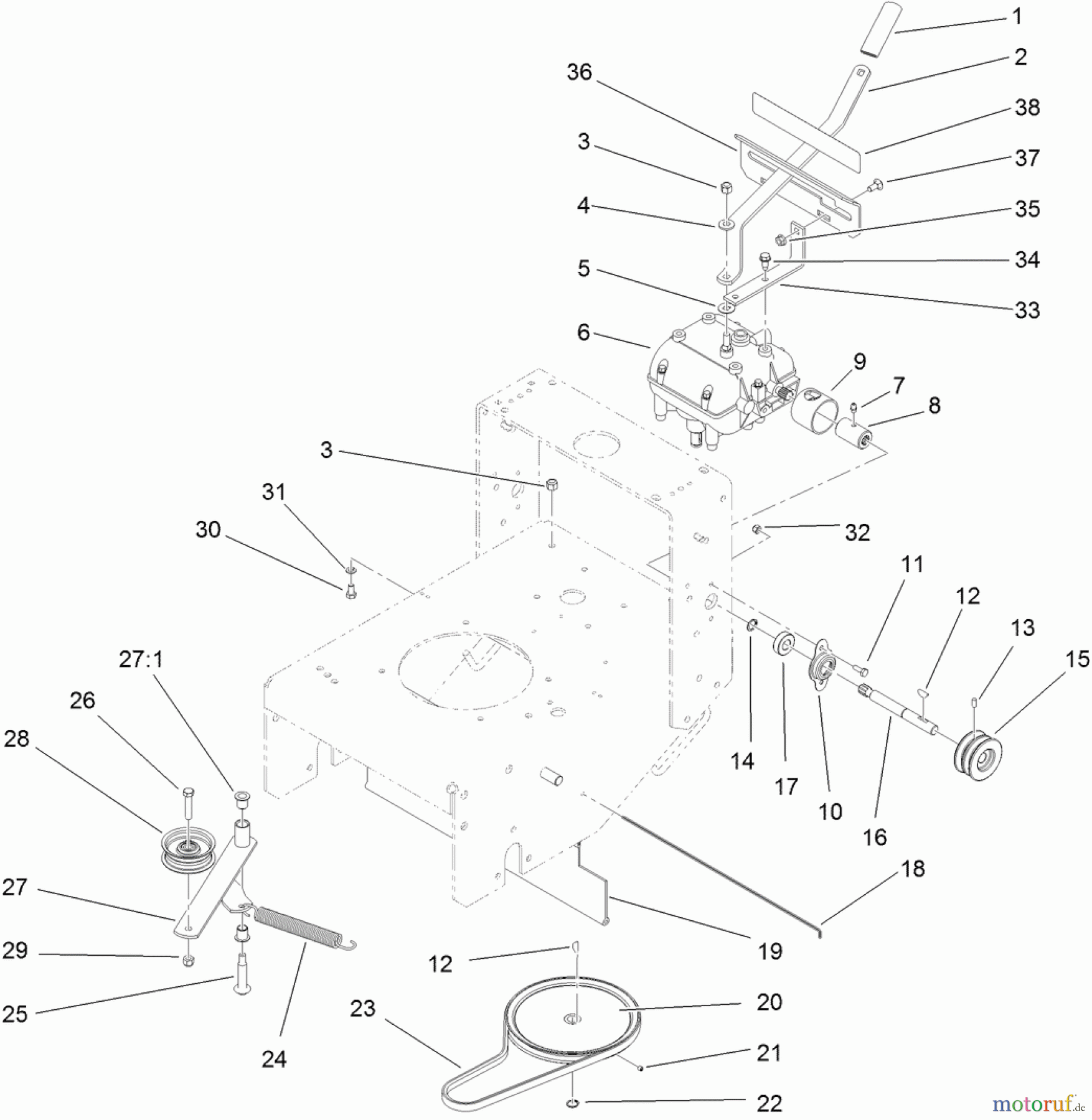  Rasenmäher für Großflächen 30070 - Toro Commercial 91cm Walk-Behind Mower, 16HP, T-Bar, Gear Drive, TURBO FORCE Cutting Unit (SN: 313000001 - 313999999) (2013) TRANSMISSION DRIVE ASSEMBLY