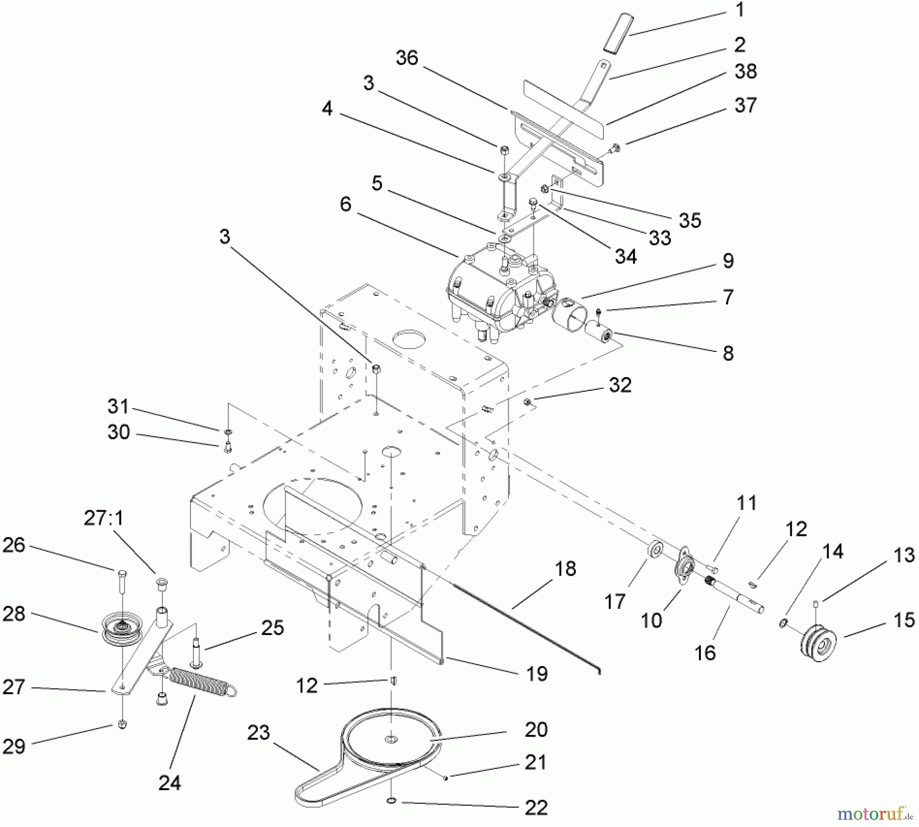  Rasenmäher für Großflächen 30314TE - Toro Mid-Size ProLine Mower, T-Bar, Gear Drive, 13 HP, 91cm Side Discharge Deck (SN: 250000001 - 250999999) (2005) TRANSMISSION AND DRIVE SYSTEM ASSEMBLY