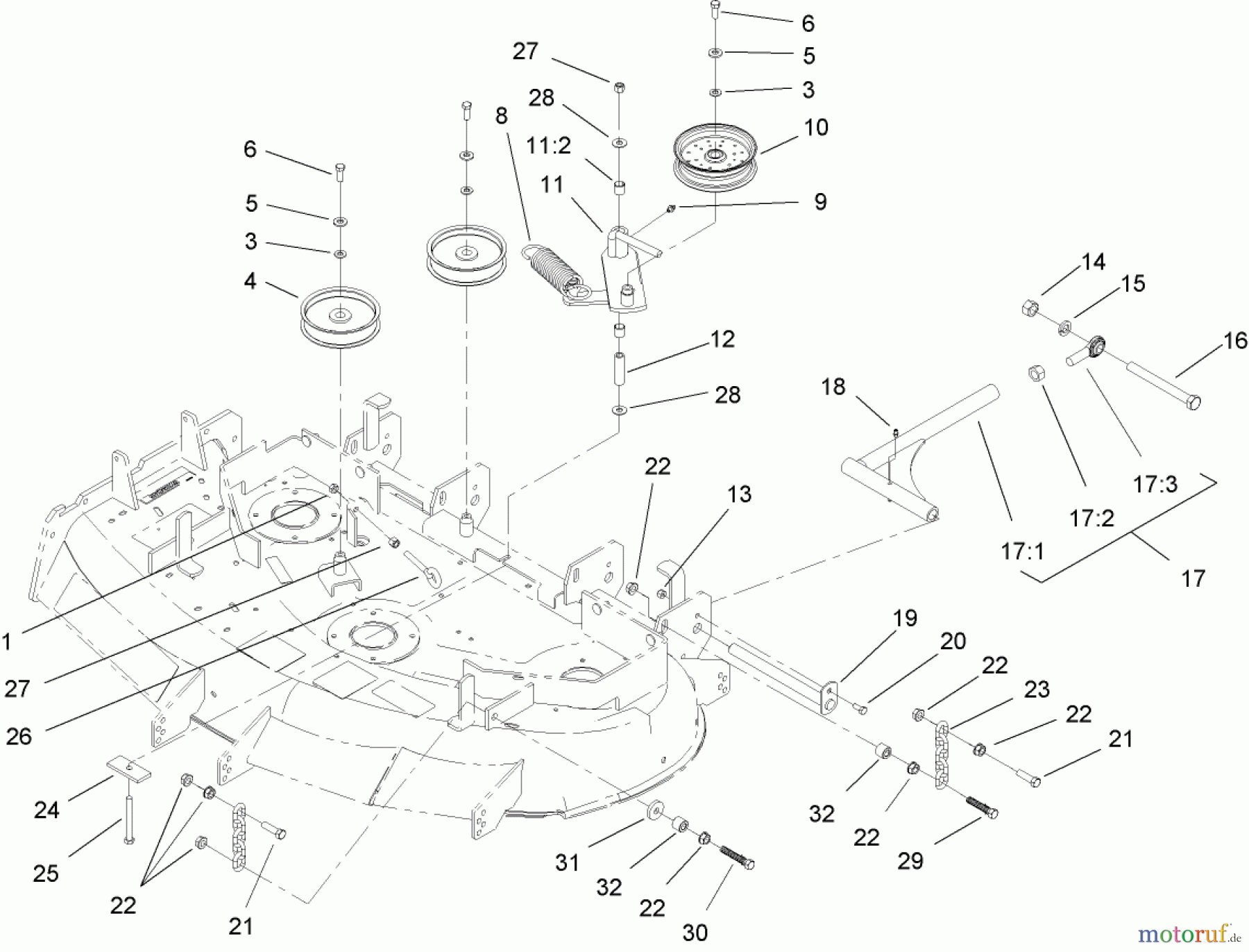  Zerto-Turn Mäher 74161TE (Z147) - Toro Z Master Mower, 112cm SFS Side Discharge Deck (SN: 240001001 - 240999999) (2004) IDLER, PULLEY/LIFT STRUT AND CHAIN ASSEMBLY