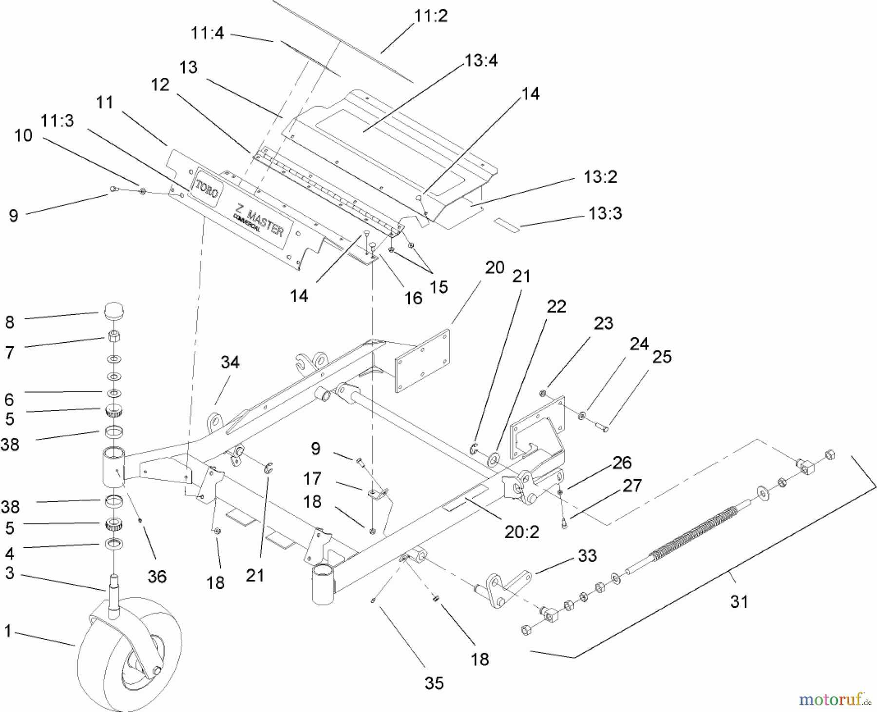  Zerto-Turn Mäher 74167TE (Z153) - Toro Z Master Mower, 132cm SFS Side Discharge Deck (SN: 240000001 - 240999999) (2004) FRONT FRAME ASSEMBLY