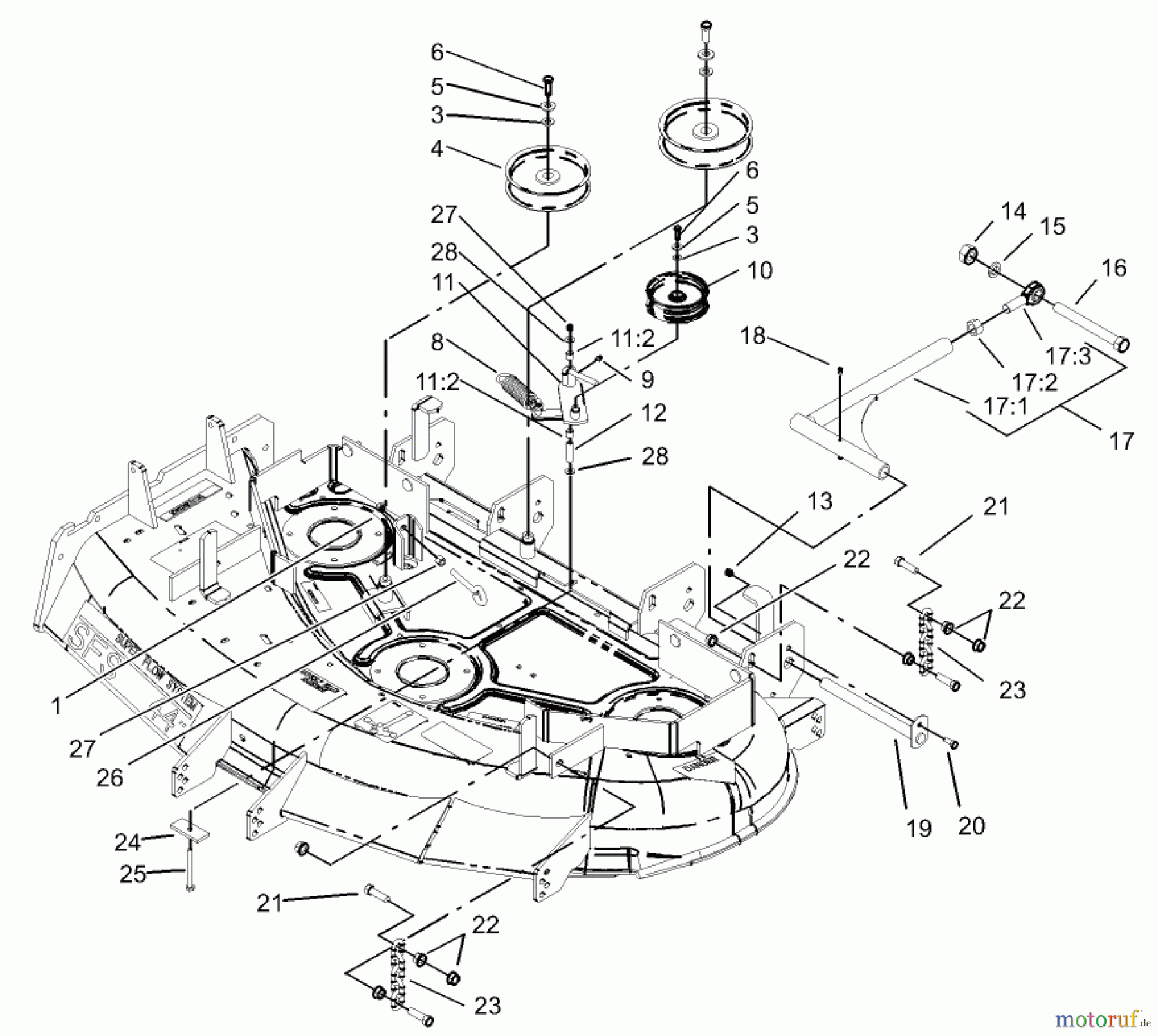  Zerto-Turn Mäher 74176TE (Z147) - Toro Z Master Mower, 112cm SFS Side Discharge Deck (SN: 230000001 - 230006000) (2003) IDLER, PULLEY/LIFT STRUT, CHAIN ASSEMBLY