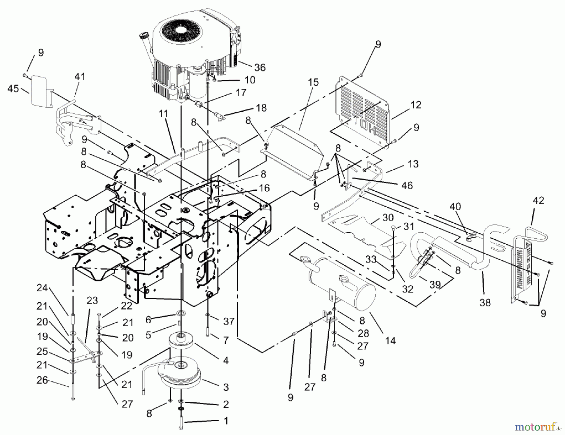  Zerto-Turn Mäher 74176TE (Z147) - Toro Z Master Mower, 112cm SFS Side Discharge Deck (SN: 230006001 - 230007000) (2003) ENGINE AND CLUTCH ASSEMBLY