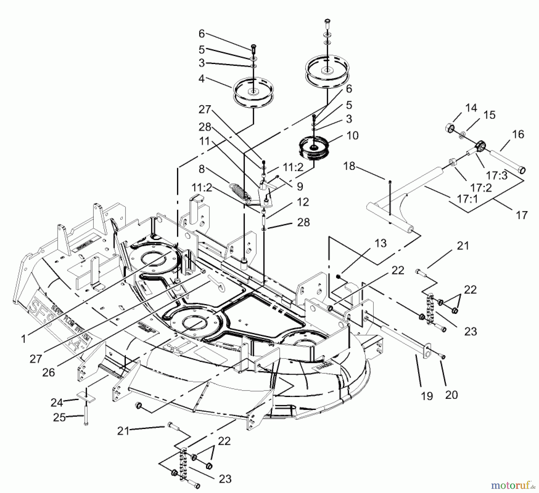  Zerto-Turn Mäher 74176TE (Z147) - Toro Z Master Mower, 112cm SFS Side Discharge Deck (SN: 230006001 - 230007000) (2003) IDLER, PULLEY/LIFT STRUT, CHAIN ASSEMBLY