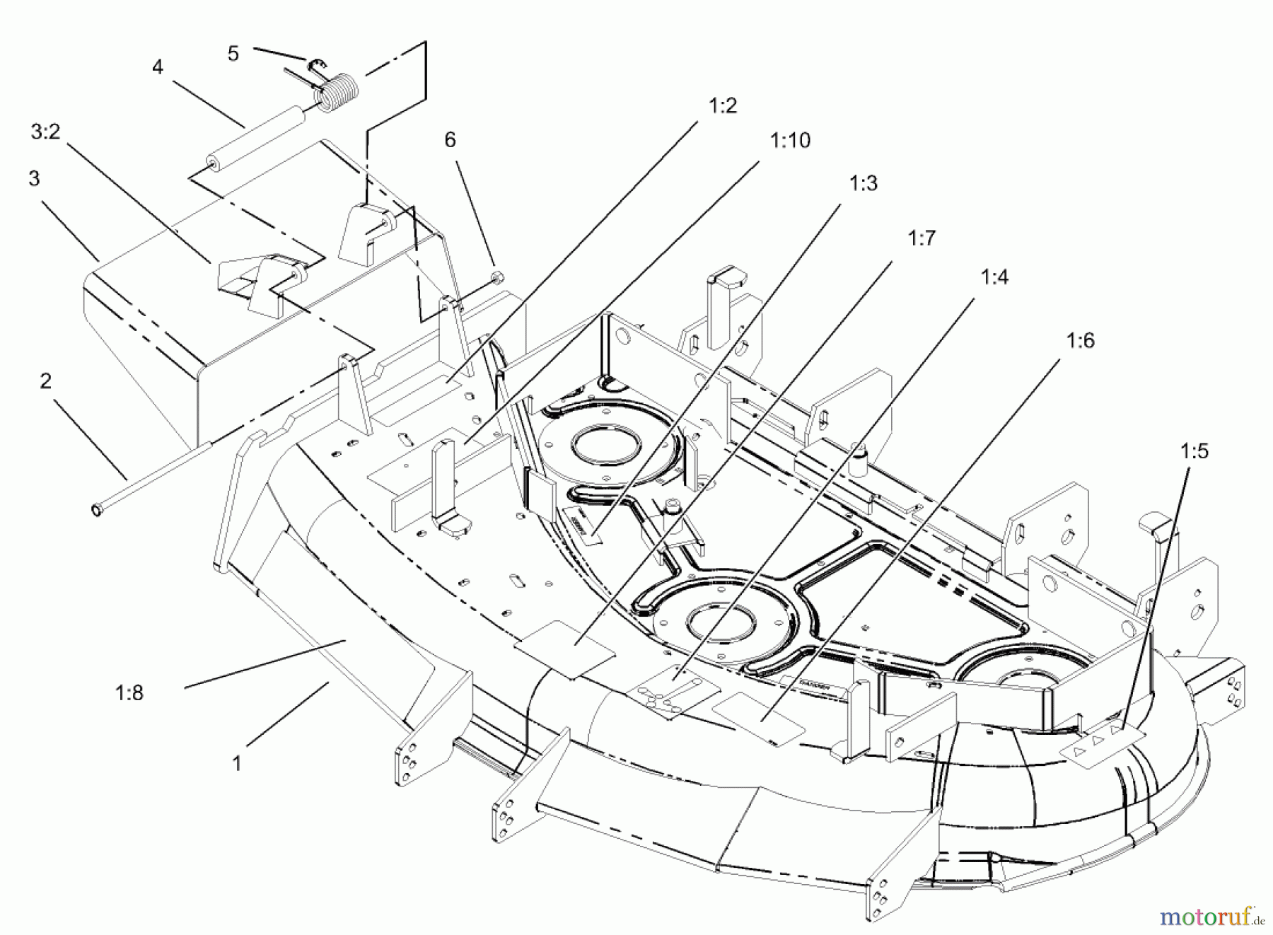  Zerto-Turn Mäher 74176TE (Z147) - Toro Z Master Mower, 112cm SFS Side Discharge Deck (SN: 230007001 - 230999999) (2003) DECK AND DEFLECTOR ASSEMBLY NO. 106-6565