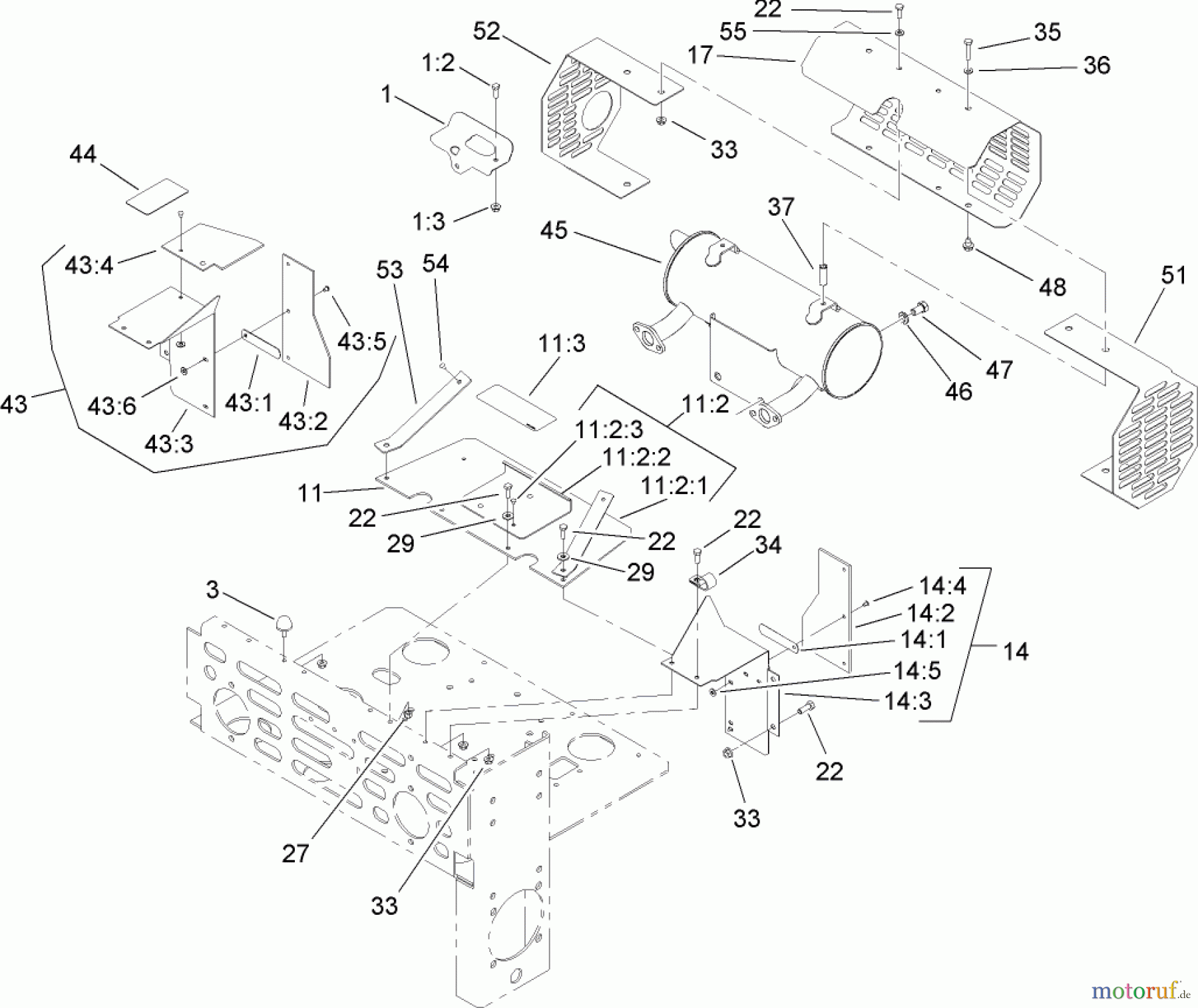  Zerto-Turn Mäher 74246TE (Z557) - Toro Z Master Mower, 152cm TURBO FORCE Side Discharge Deck (SN: 260000001 - 260999999) (2006) MUFFLER AND GUARD ASSEMBLY