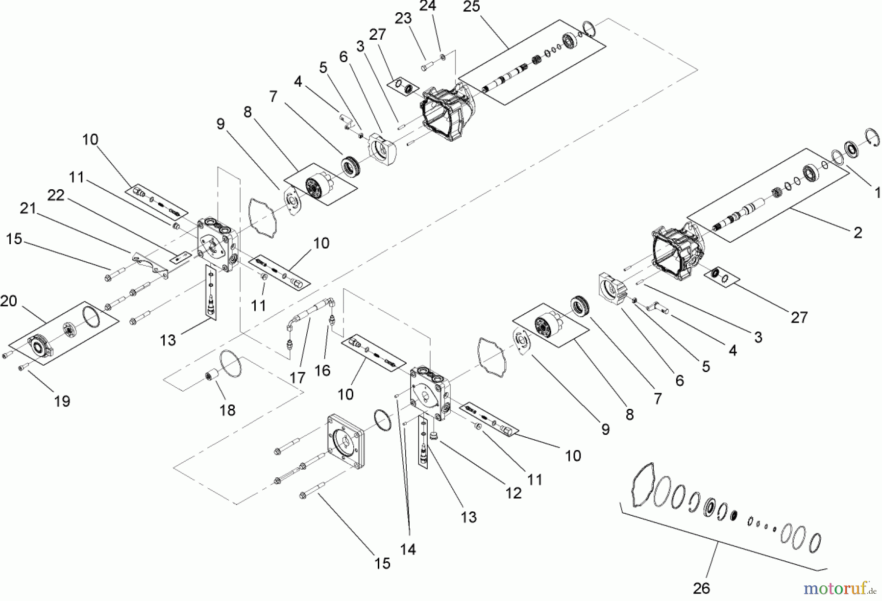  Zerto-Turn Mäher 74264TE (Z580-D) - Toro Z Master Mower, 132cm TURBO FORCE Side Discharge Deck (SN: 280000001 - 280999999) (2008) TANDEM PUMP ASSEMBLY NO. 107-9885