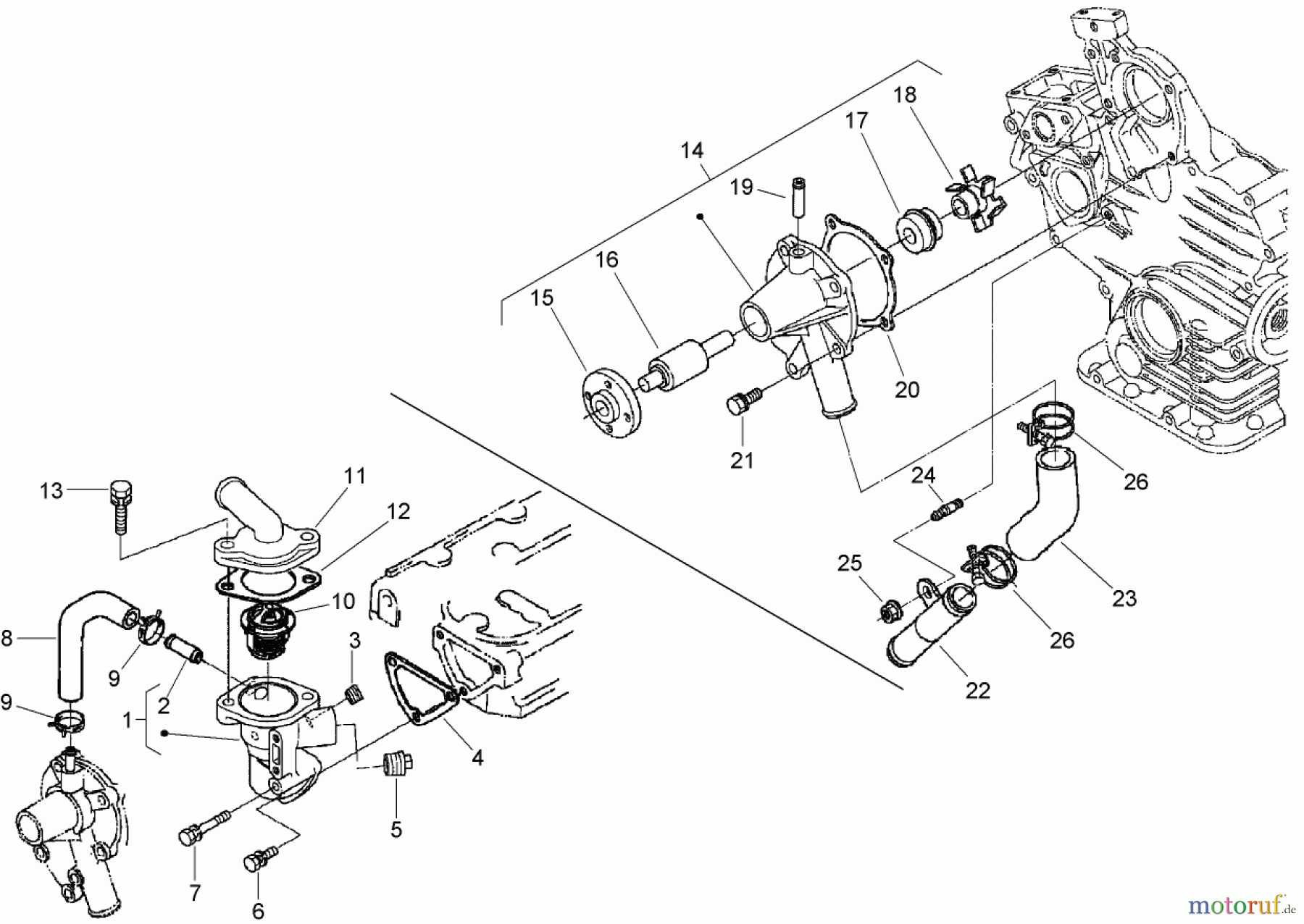  Zerto-Turn Mäher 74264TE (Z580-D) - Toro Z Master Mower, 132cm TURBO FORCE Side Discharge Deck (SN: 280000001 - 280999999) (2008) WATER FLANGE, PUMP, PIPE AND THERMOSTAT ASSEMBLY