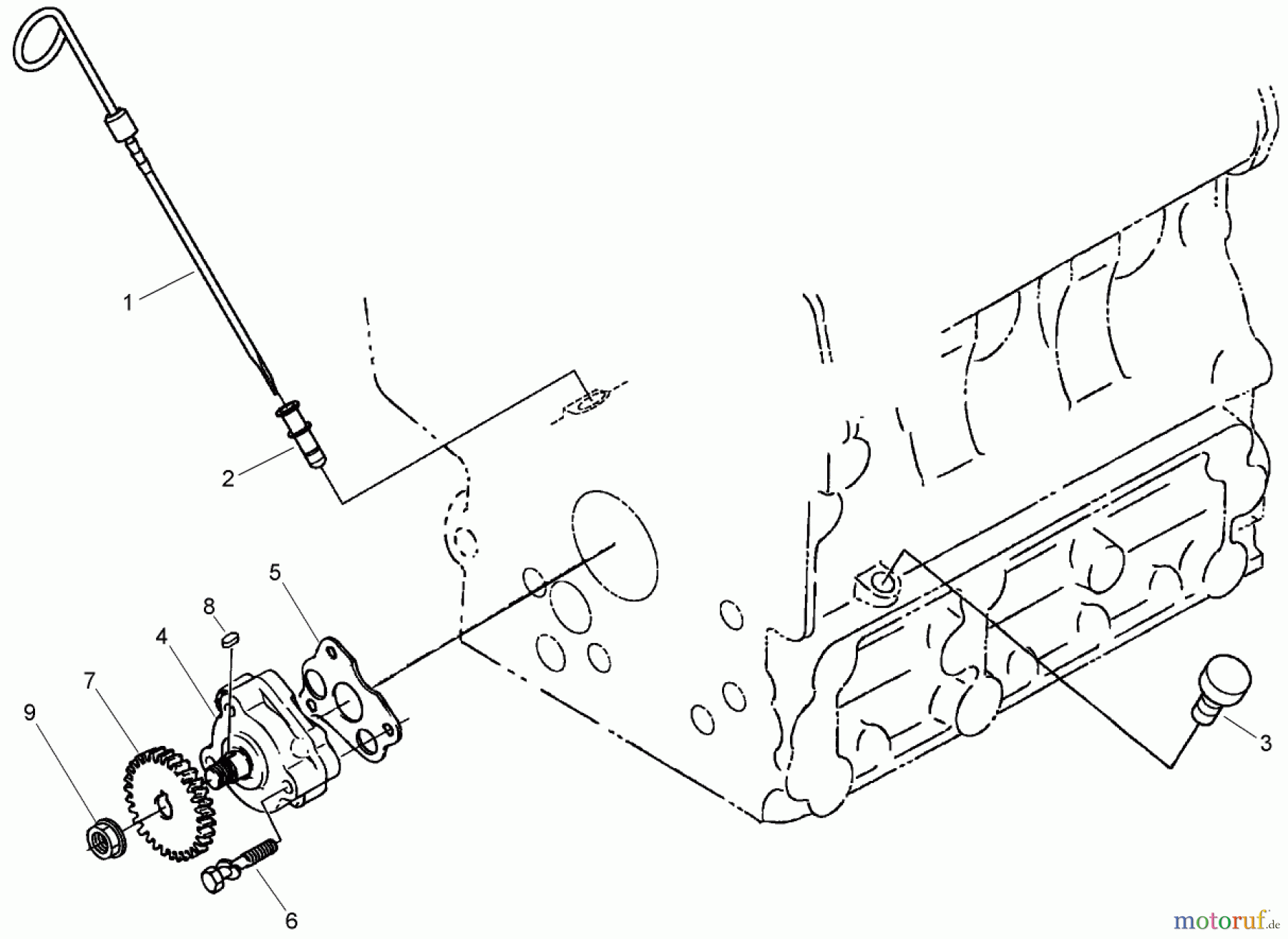  Zerto-Turn Mäher 74264TE (Z593-D) - Toro Z Master Mower, 132cm TURBO FORCE Side Discharge Deck (SN: 270000001 - 270999999) (2007) DIPSTICK, GUIDE AND OIL PUMP ASSEMBLY