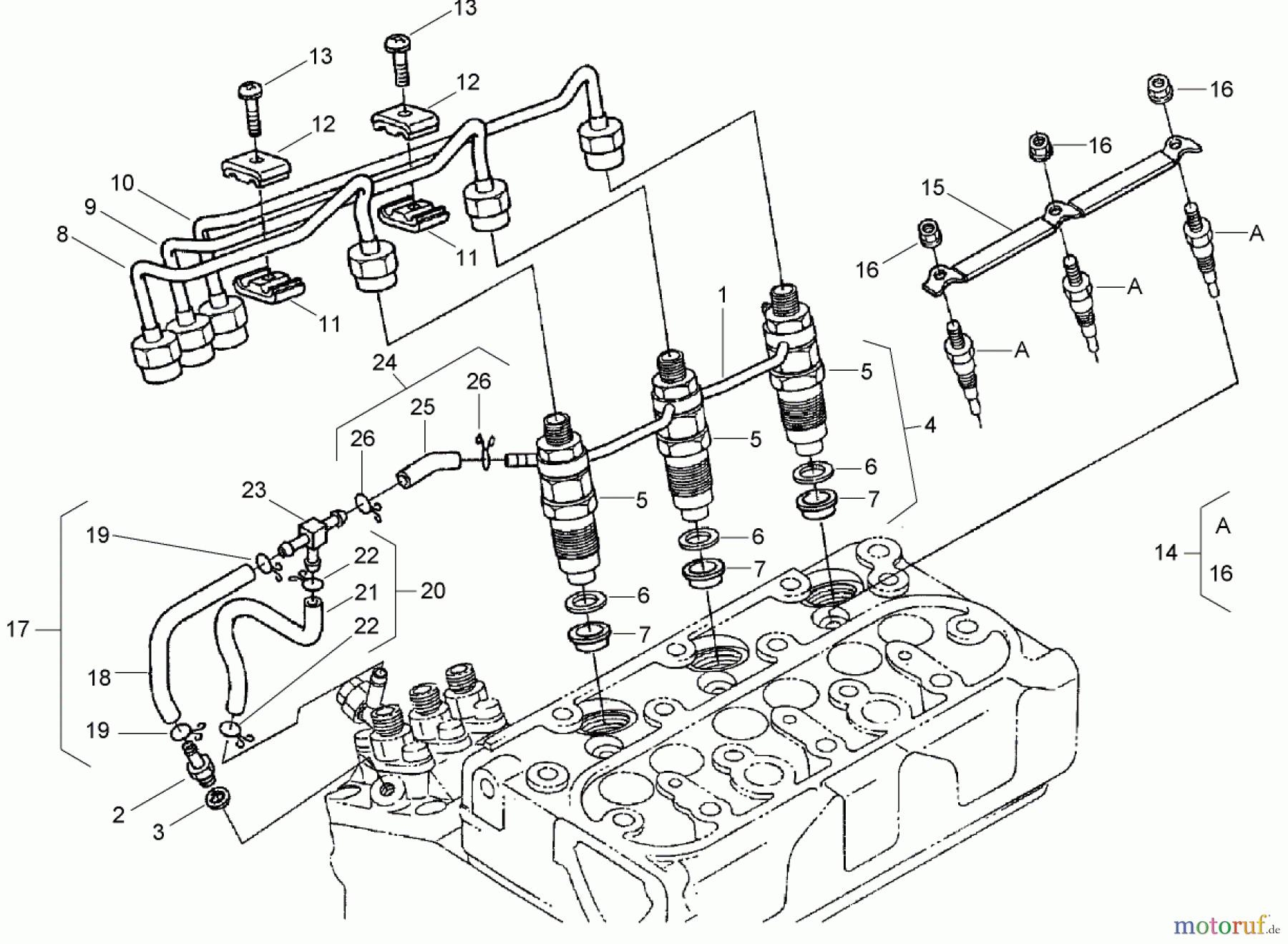  Zerto-Turn Mäher 74264TE (Z593-D) - Toro Z Master Mower, 132cm TURBO FORCE Side Discharge Deck (SN: 270000001 - 270999999) (2007) NOZZLE HOLDER AND GLOW PLUG ASSEMBLY