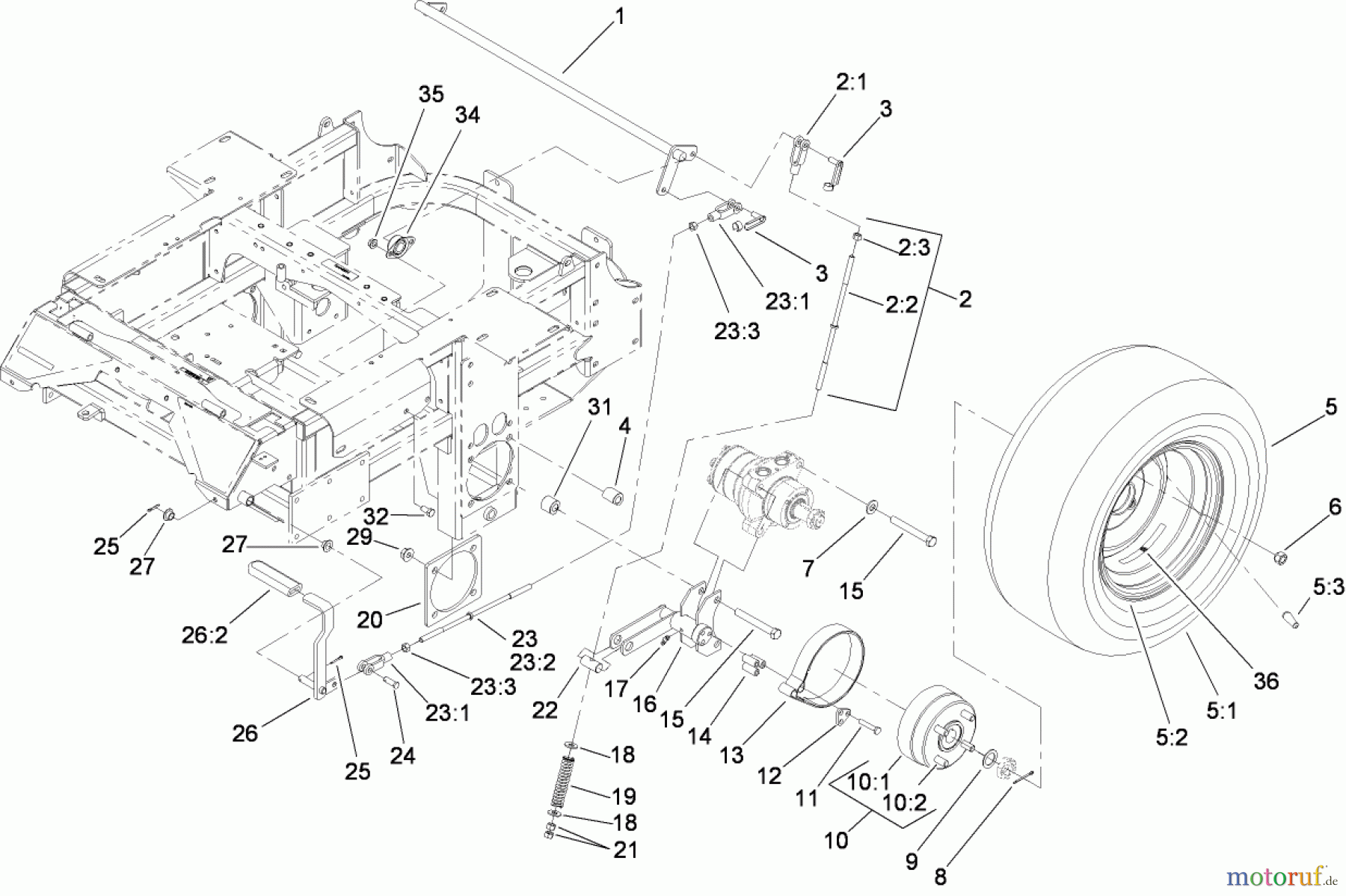  Zerto-Turn Mäher 74265TE (Z580-D) - Toro Z Master Mower, 152cm TURBO FORCE Side Discharge Deck (SN: 310000001 - 310999999) (2010) MAIN FRAME AND REAR WHEEL ASSEMBLY