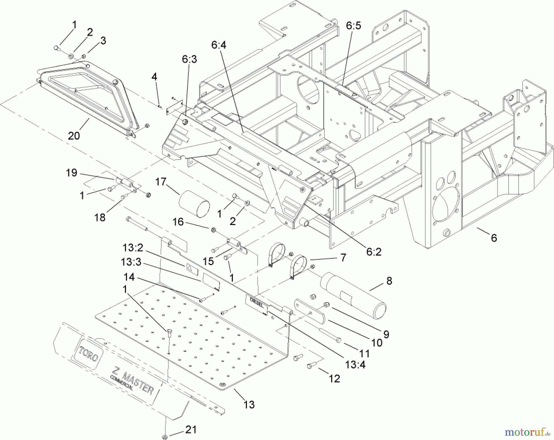  Zerto-Turn Mäher 74268TE (Z597-D) - Toro Z Master Mower, 152cm TURBO FORCE Side Discharge Deck (SN: 240000001 - 240999999) (2004) ENGINE FRAME, CONSOLE AND FLOOR PAN ASSEMBLY