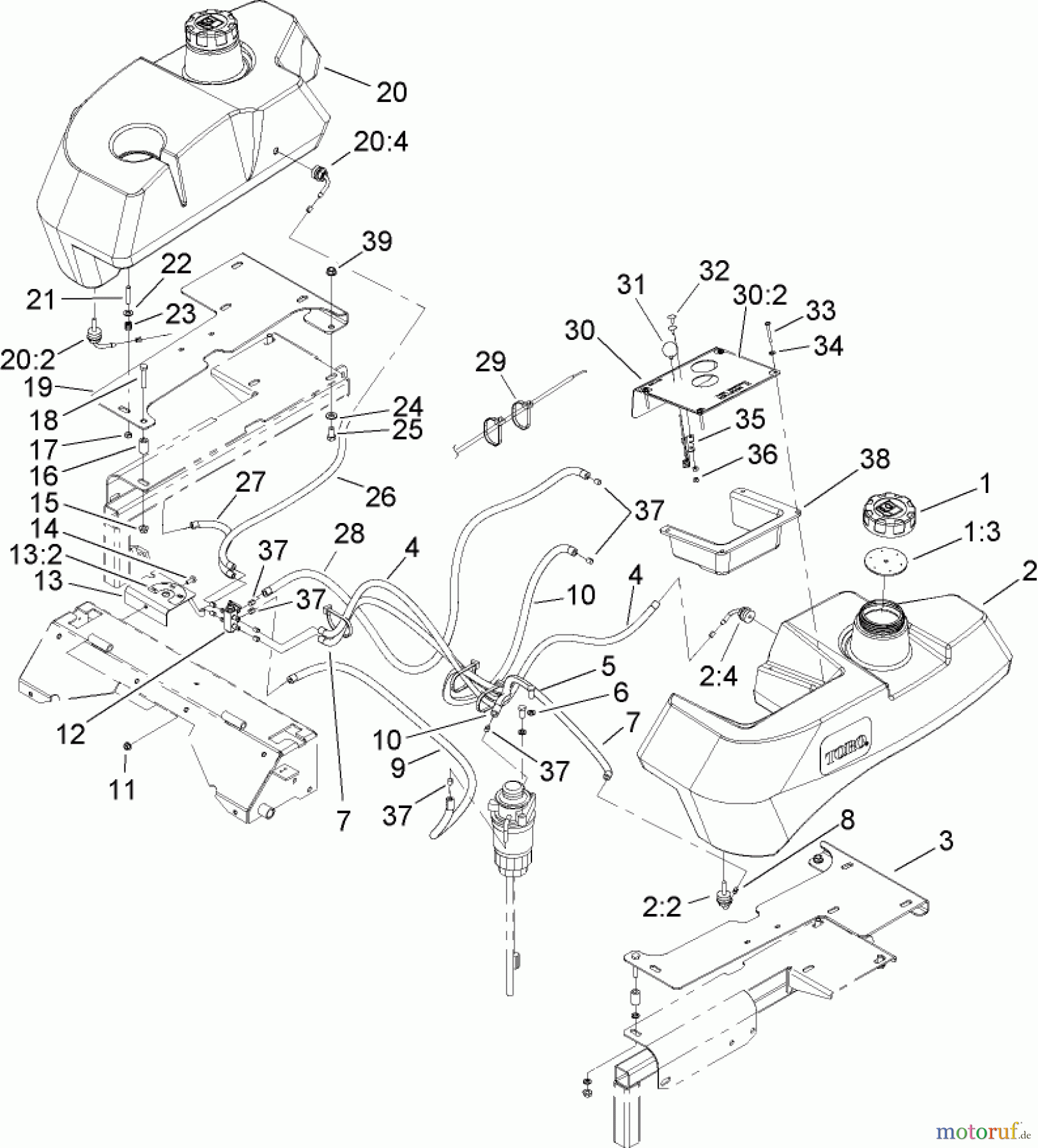  Zerto-Turn Mäher 74268TE (Z597-D) - Toro Z Master Mower, 152cm TURBO FORCE Side Discharge Deck (SN: 240000001 - 240999999) (2004) TANK AND FUEL LINE ASSEMBLY