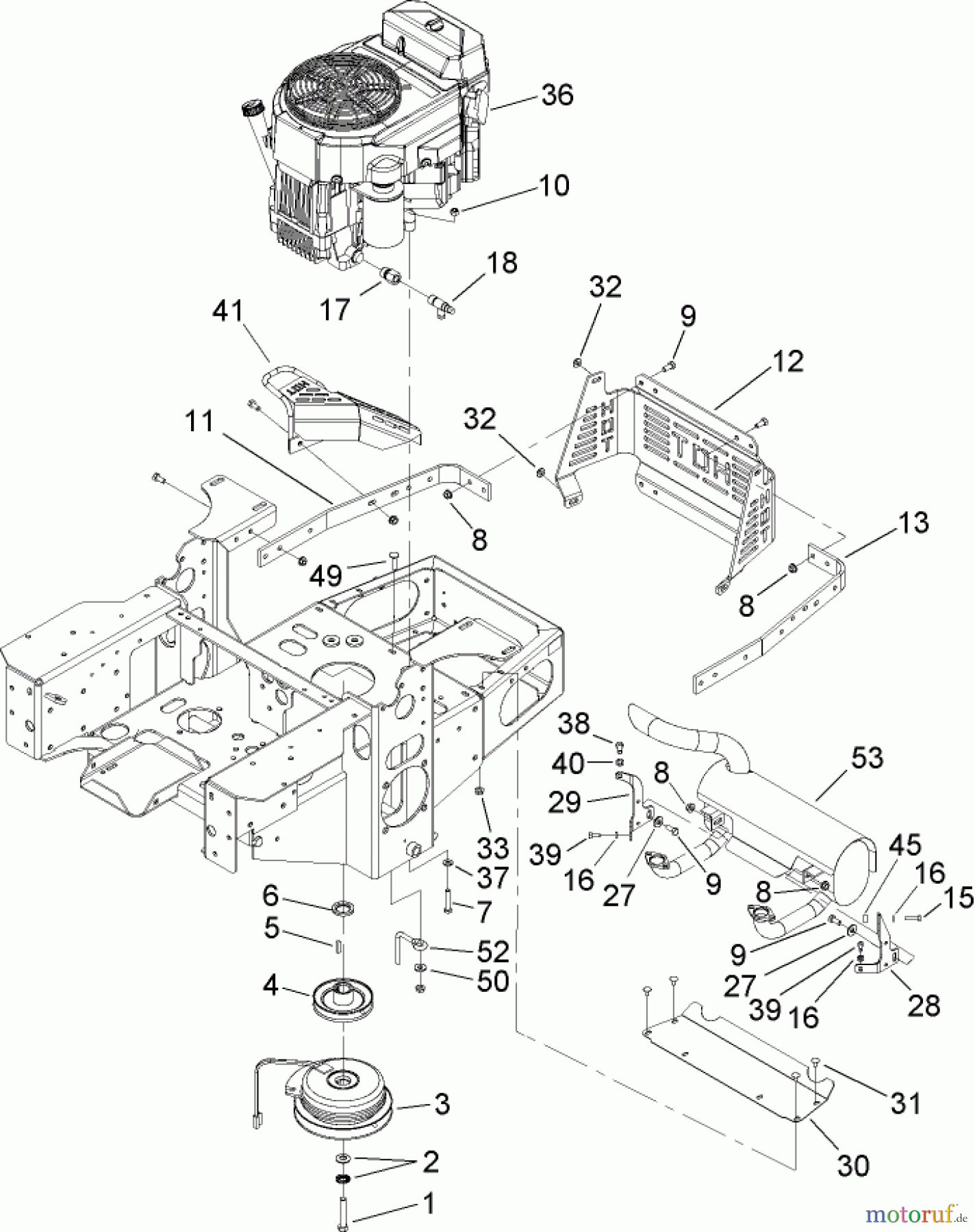  Zerto-Turn Mäher 74411TE (Z149) - Toro Z Master Mower, 112cm SFS Side Discharge Deck (SN: 250000001 - 250999999) (2005) ENGINE, CLUTCH AND MUFFLER ASSEMBLY