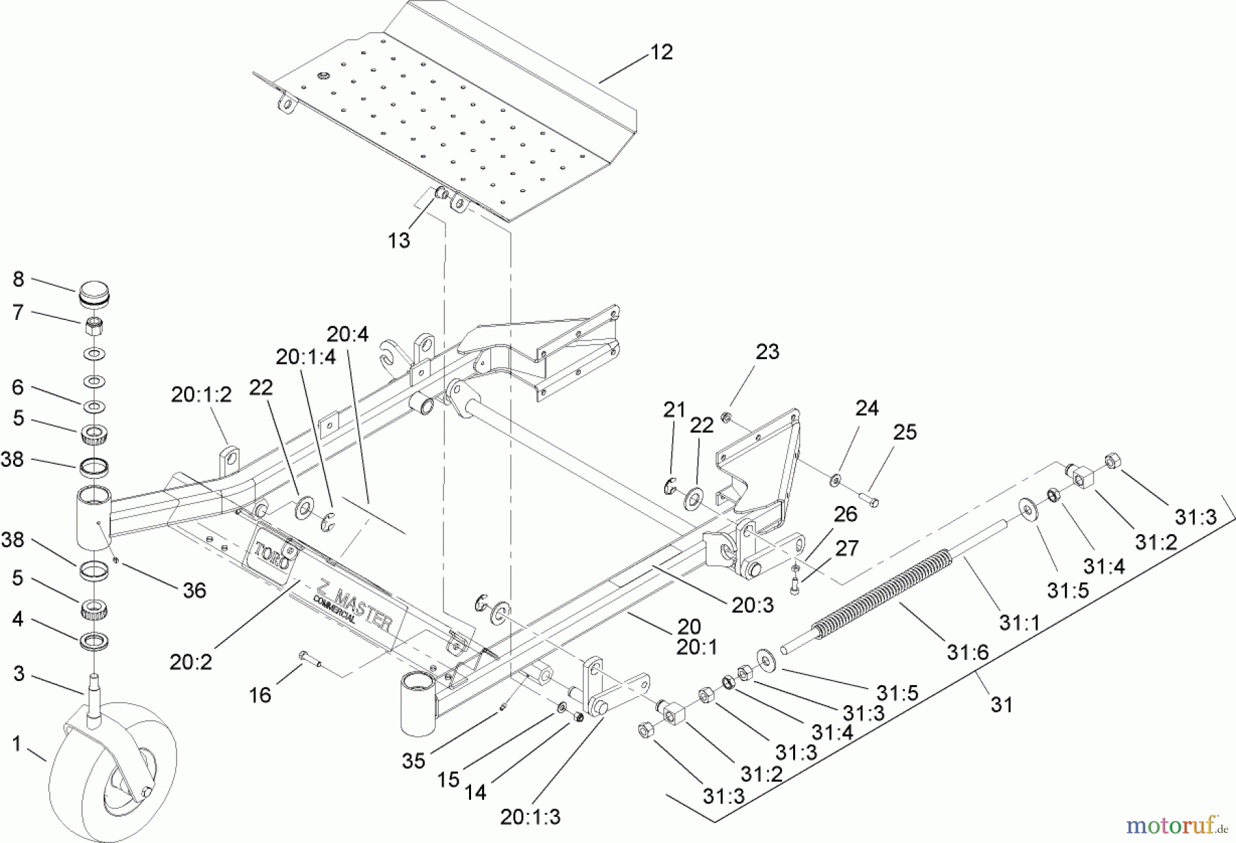  Zerto-Turn Mäher 74411TE (Z149) - Toro Z Master Mower, 112cm SFS Side Discharge Deck (SN: 250000001 - 250999999) (2005) FRONT FRAME ASSEMBLY