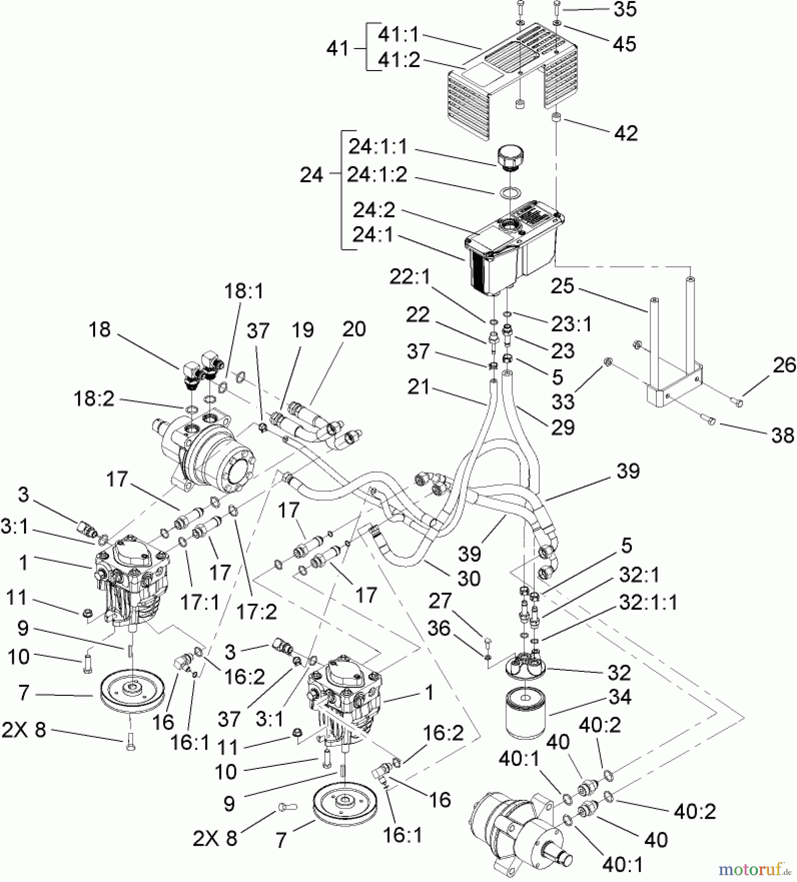  Zerto-Turn Mäher 74411TE (Z149) - Toro Z Master Mower, 112cm SFS Side Discharge Deck (SN: 250000001 - 250999999) (2005) HYDRAULIC SYSTEM ASSEMBLY