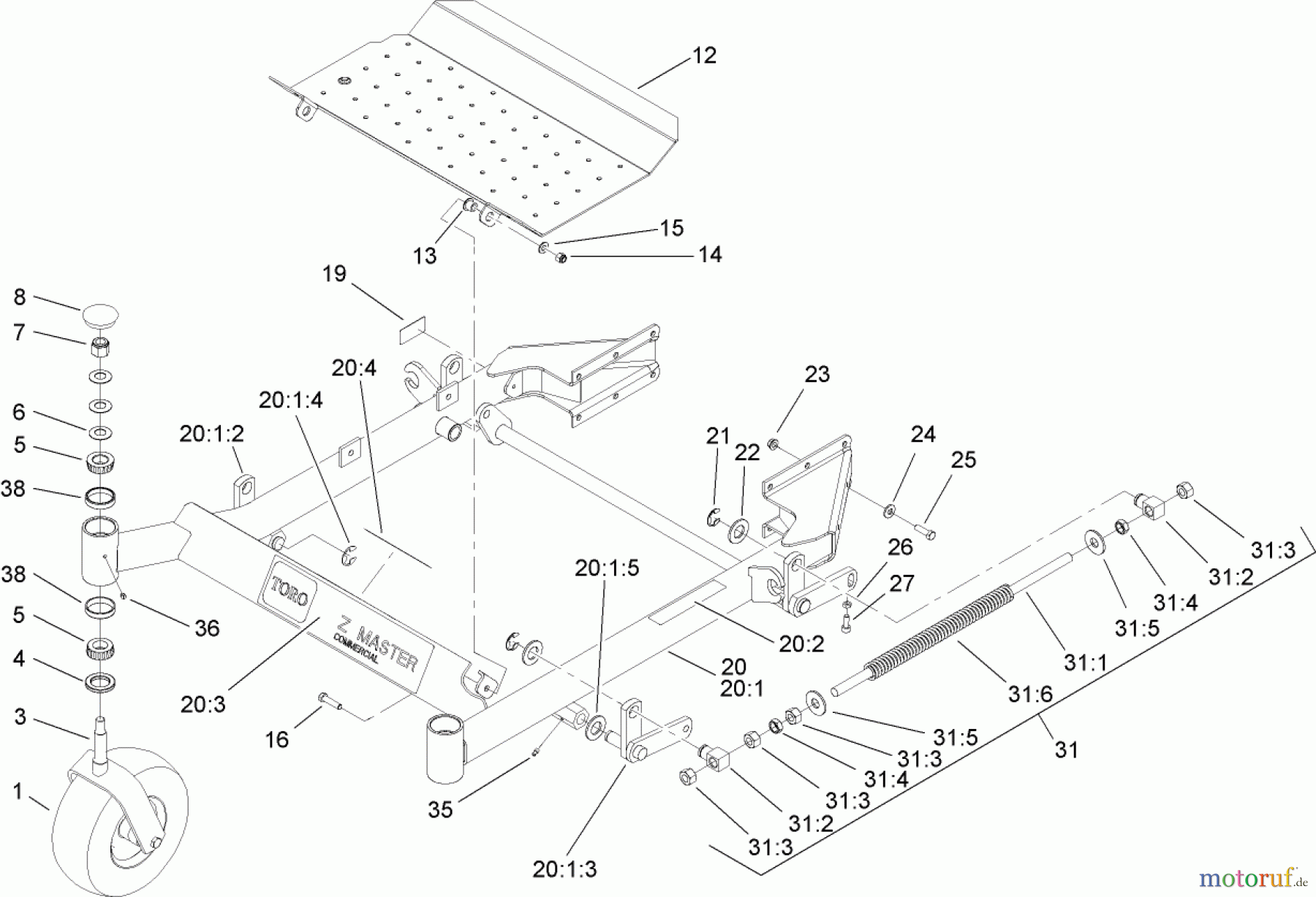  Zerto-Turn Mäher 74416TE (Z453) - Toro Z Master Mower, 132cm TURBO FORCE Side Discharge Deck (SN: 260000001 - 260999999) (2006) FRONT FRAME ASSEMBLY