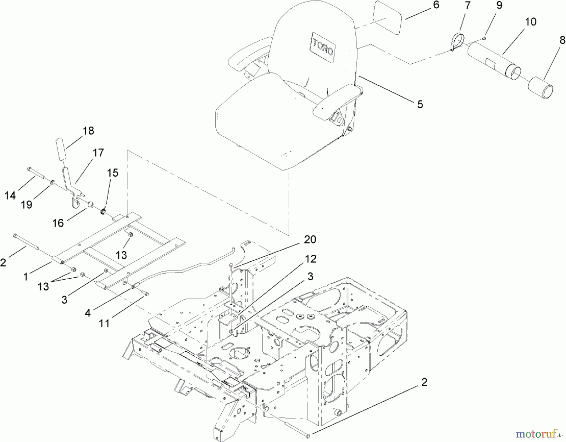  Zerto-Turn Mäher 74416TE (Z453) - Toro Z Master Mower, 132cm TURBO FORCE Side Discharge Deck (SN: 260000001 - 260999999) (2006) SEAT AND BRACKET ASSEMBLY