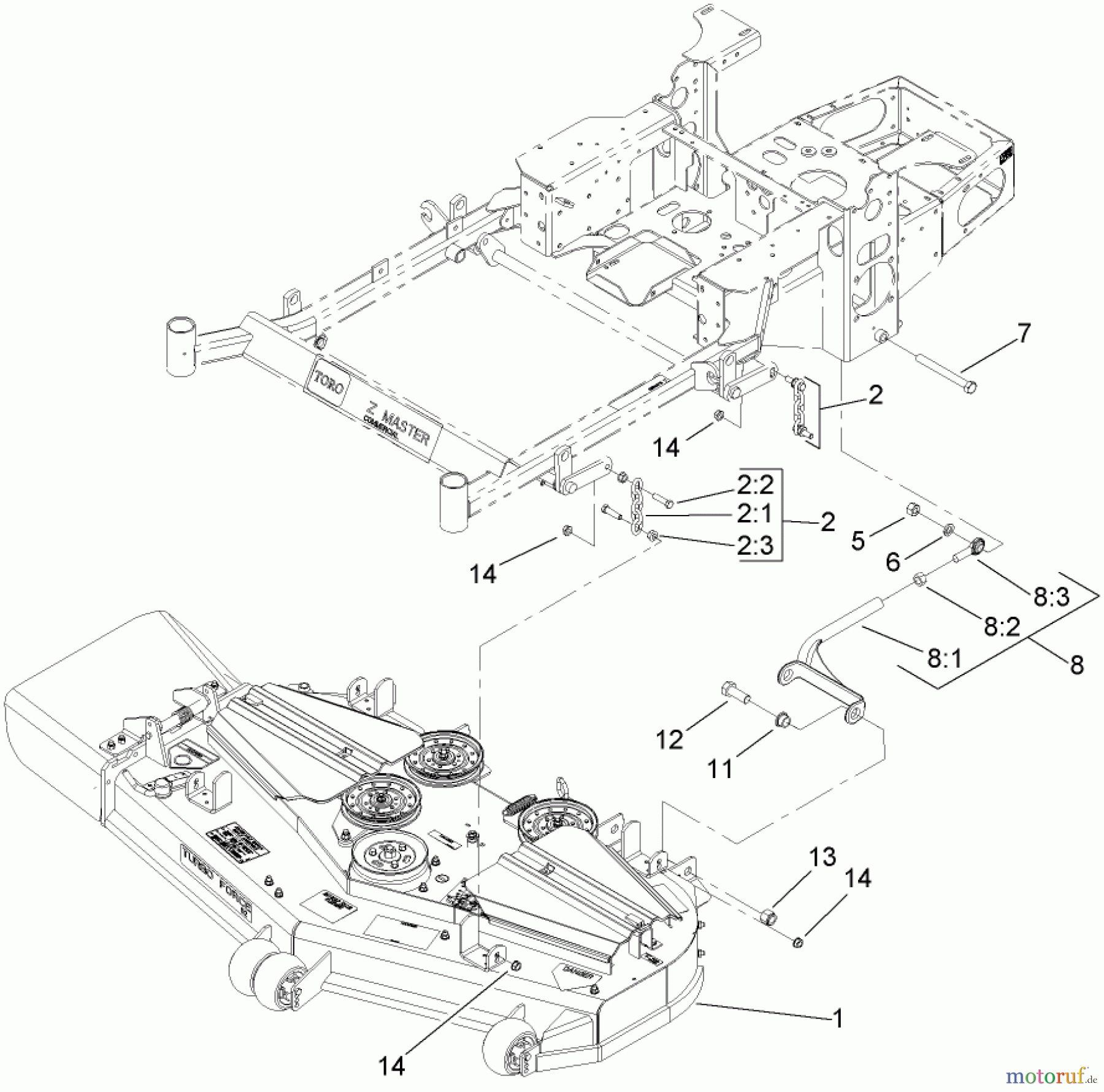  Zerto-Turn Mäher 74416TE (Z453) - Toro Z Master Mower, 132cm TURBO FORCE Side Discharge Deck (SN: 270002001 - 270999999) (2007) DECK CONNECTION ASSEMBLY