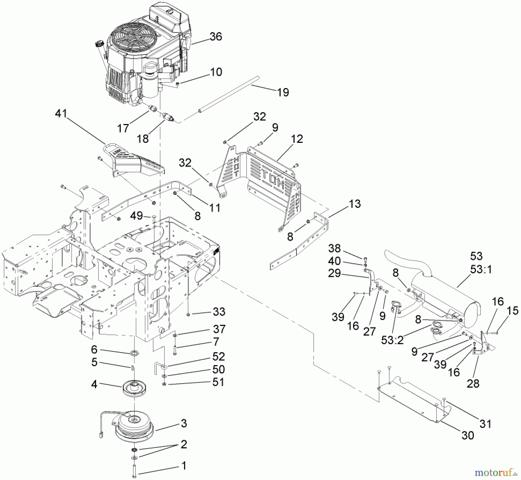  Zerto-Turn Mäher 74416TE (Z453) - Toro Z Master Mower, 132cm TURBO FORCE Side Discharge Deck (SN: 270002001 - 270999999) (2007) ENGINE, CLUTCH AND MUFFLER ASSEMBLY