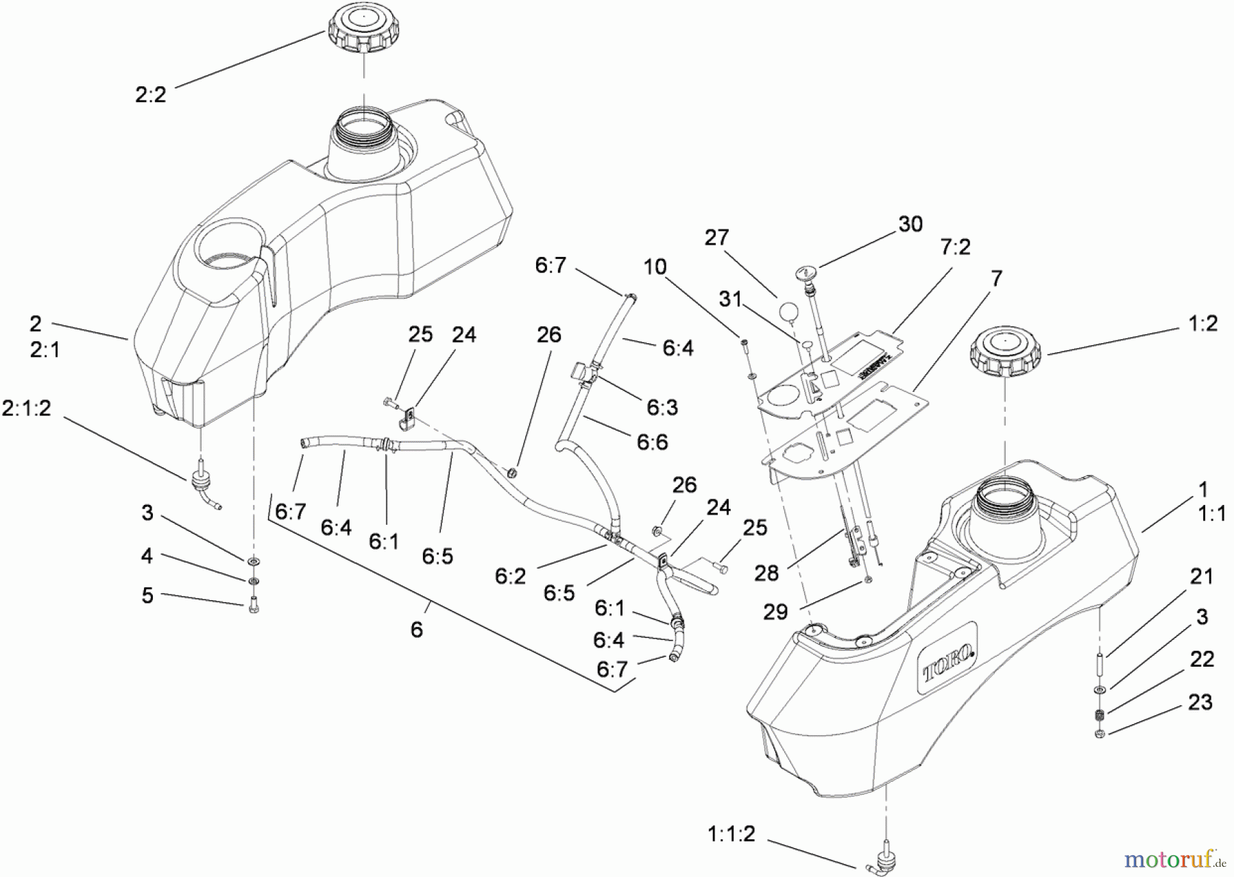  Zerto-Turn Mäher 74450TE (Z400) - Toro Z Master Mower, 122cm TURBO FORCE Side Discharge Deck (SN: 290000001 - 290999999) (2009) FUEL SYSTEM ASSEMBLY