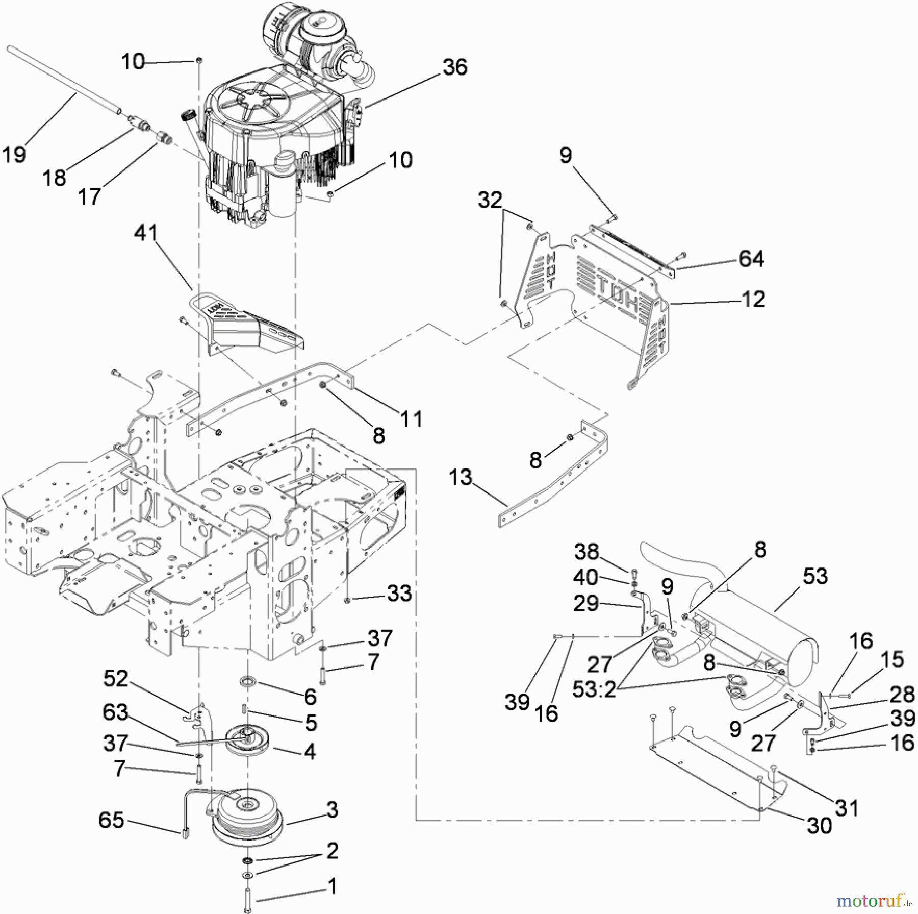  Zerto-Turn Mäher 74450TE (Z400) - Toro Z Master Mower, 122cm TURBO FORCE Side Discharge Deck (SN: 310000001 - 310999999) (2010) ENGINE, CLUTCH AND MUFFLER ASSEMBLY