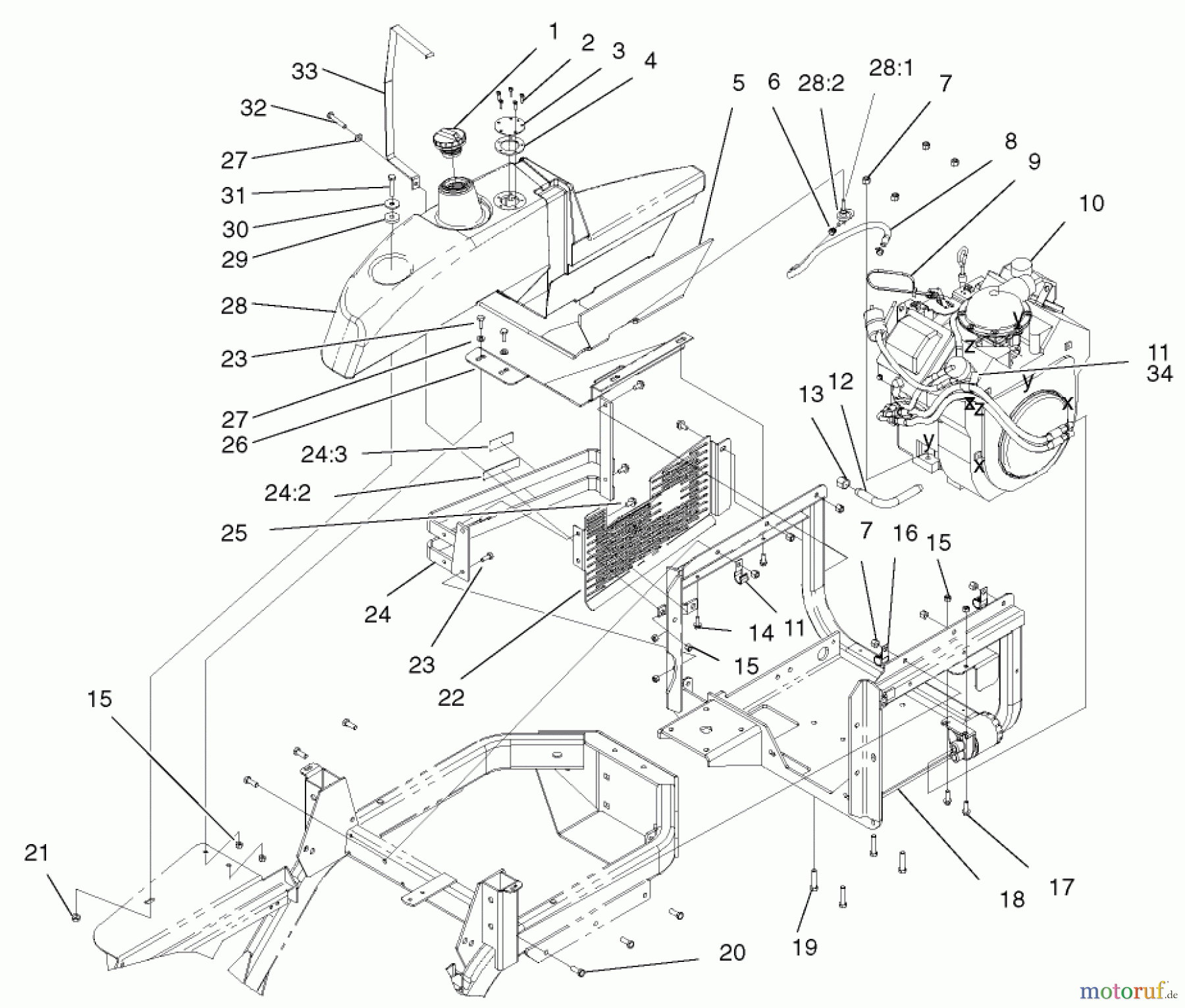  Zerto-Turn Mäher 74804TE (Z350) - Toro Z Master, 122cm Mower and Bagger (SN: 220000001 - 220999999) (2002) ENGINE INSTALLATION AND FUEL ASSEMBLY