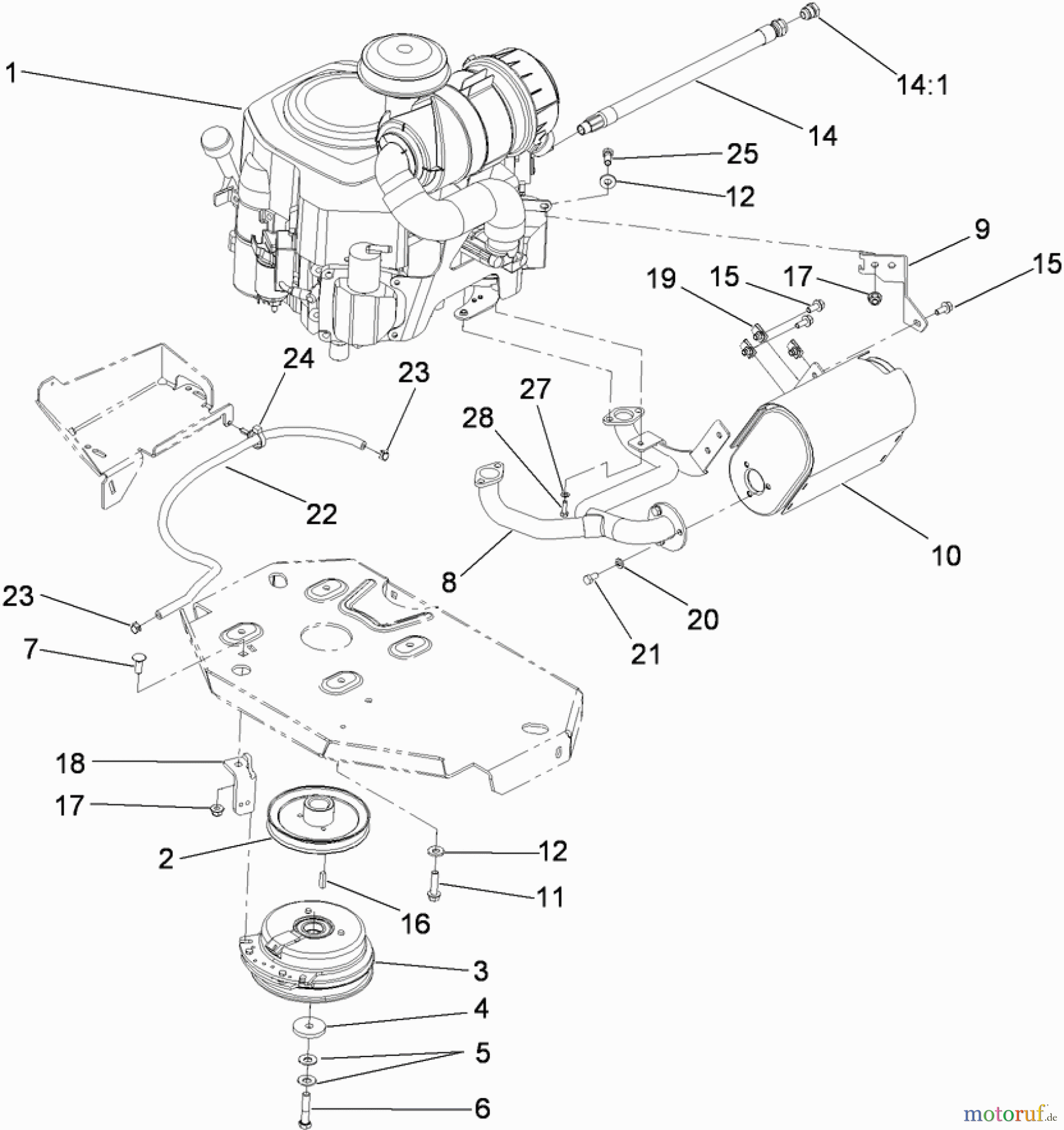  Zerto-Turn Mäher 74923TE - Toro Z Master G3 Riding Mower, 132cm TURBO FORCE Side Discharge Deck (SN: 290000001 - 290999999) (2009) ENGINE, MUFFLER AND CLUTCH ASSEMBLY