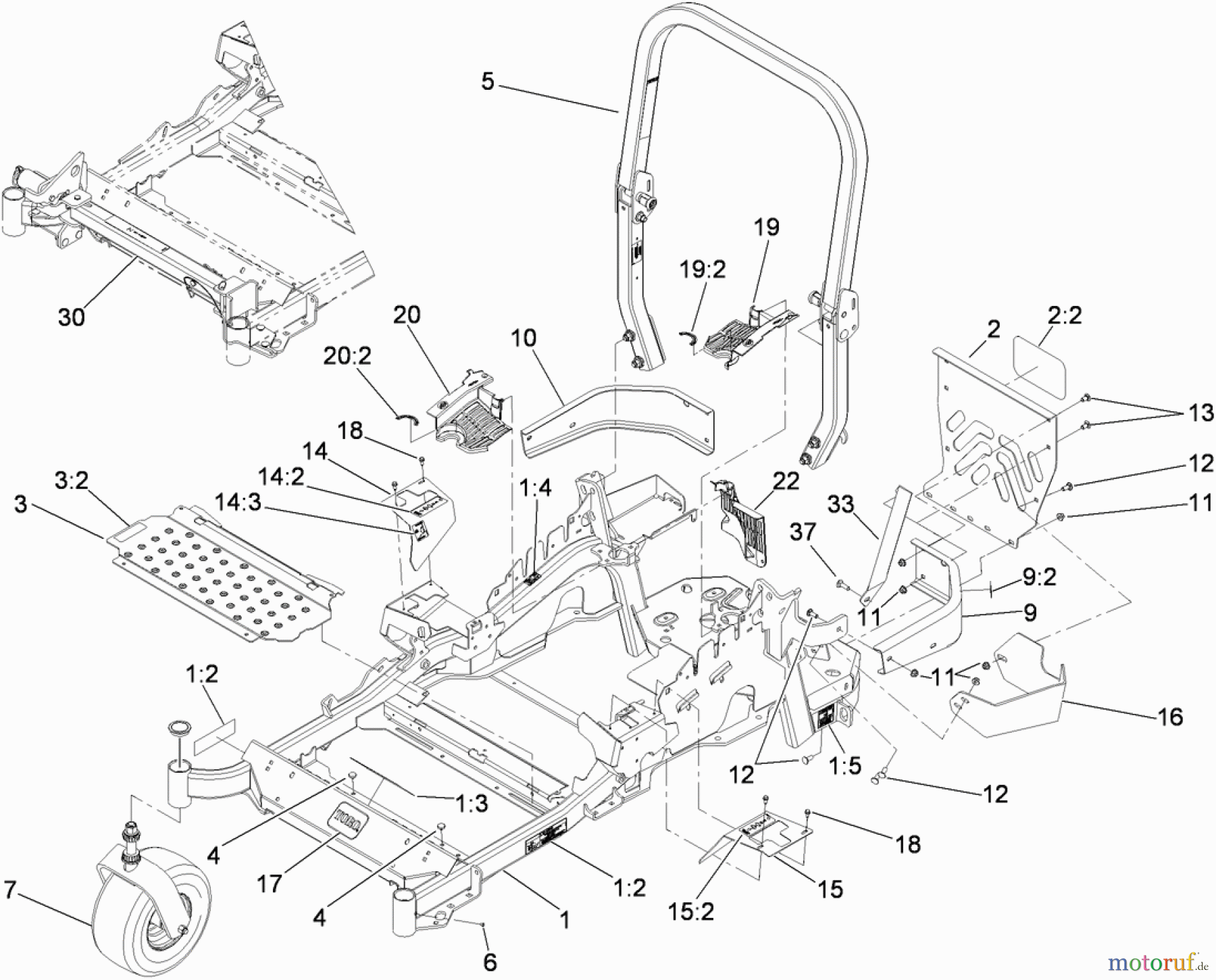  Zerto-Turn Mäher 74923TE - Toro Z Master G3 Riding Mower, 132cm TURBO FORCE Side Discharge Deck (SN: 290000001 - 290999999) (2009) FRONT FRAME, CASTER WHEEL AND Z STAND ASSEMBLY