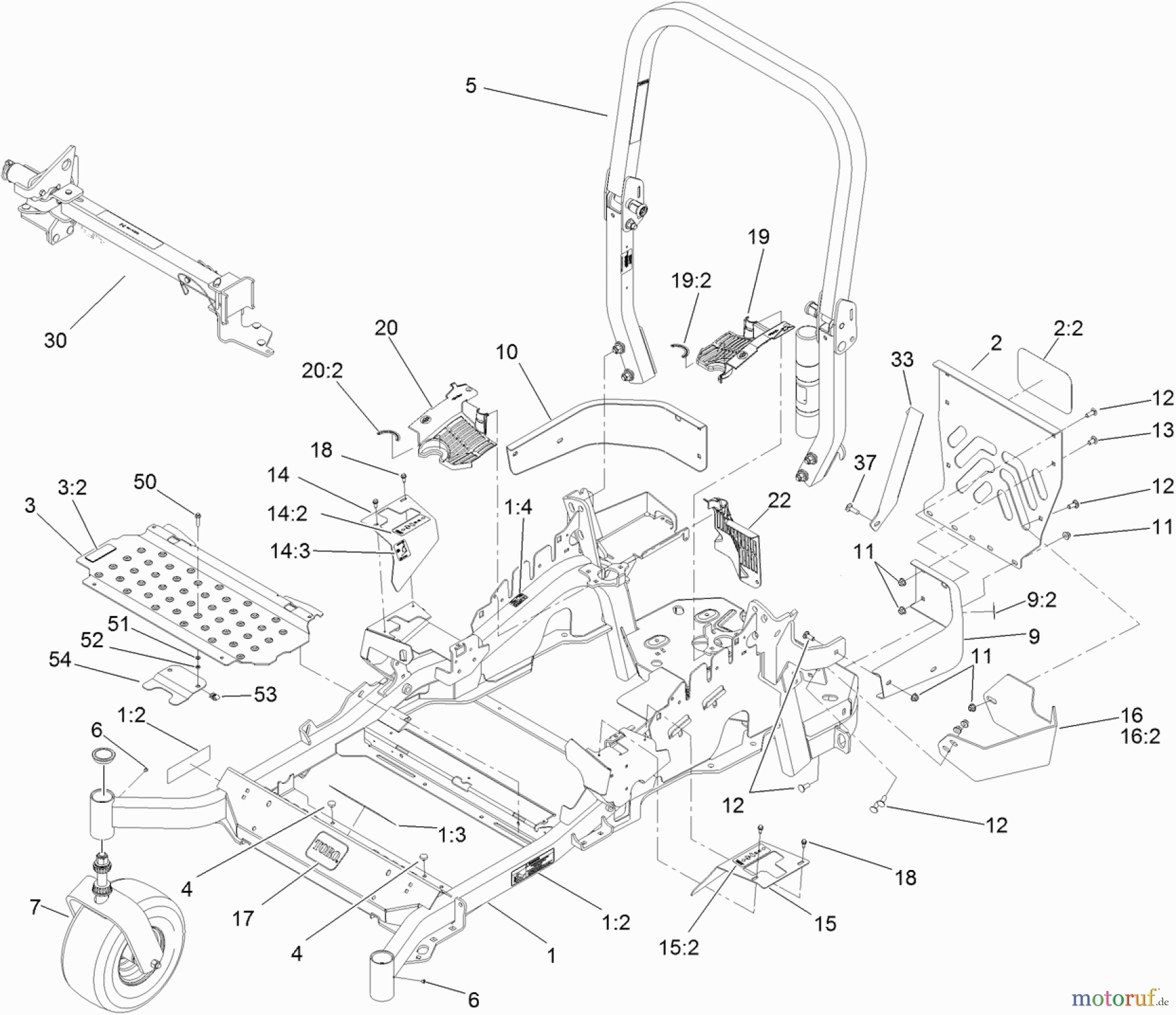  Zerto-Turn Mäher 74923TE - Toro Z Master G3 Riding Mower, 132cm TURBO FORCE Side Discharge Deck (SN: 311000001 - 311999999) (2011) FRONT FRAME, CASTER WHEE AND Z STAND ASSEMBLY