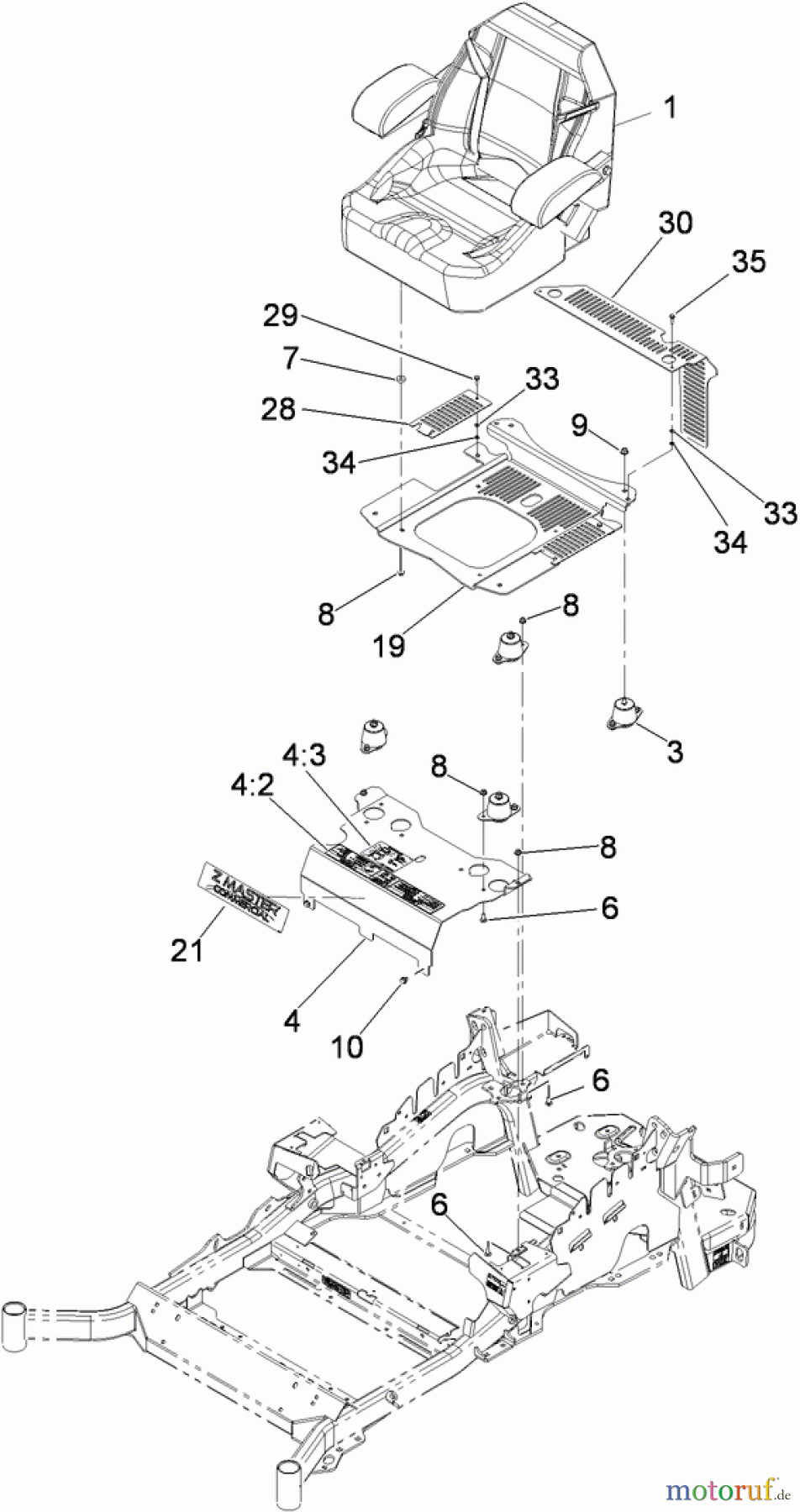  Zerto-Turn Mäher 74925TE - Toro Z Master G3 Riding Mower, 152cm TURBO FORCE Side Discharge Deck (SN: 310000001 - 310999999) (2010) SEATING MOUNTING ASSEMBLY